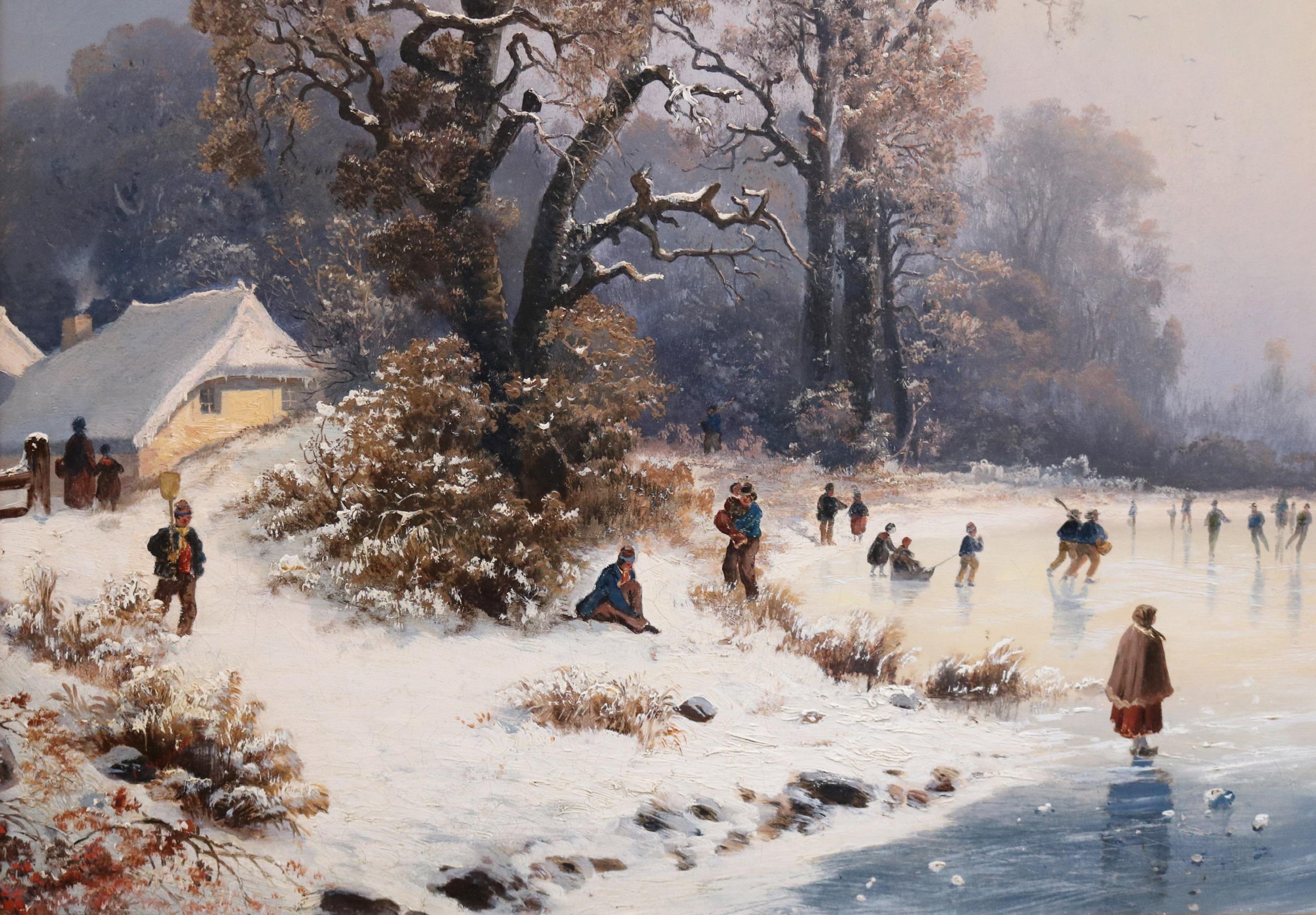 Une grande et belle scène d'hiver néerlandaise du 19e siècle représentant des patineurs sur un lac gelé, attribuée à Jan Jacob Coenraad Spöhler (1837-1894). Le tableau est présenté dans un cadre vintage de bonne qualité en feuilles de métal doré. 