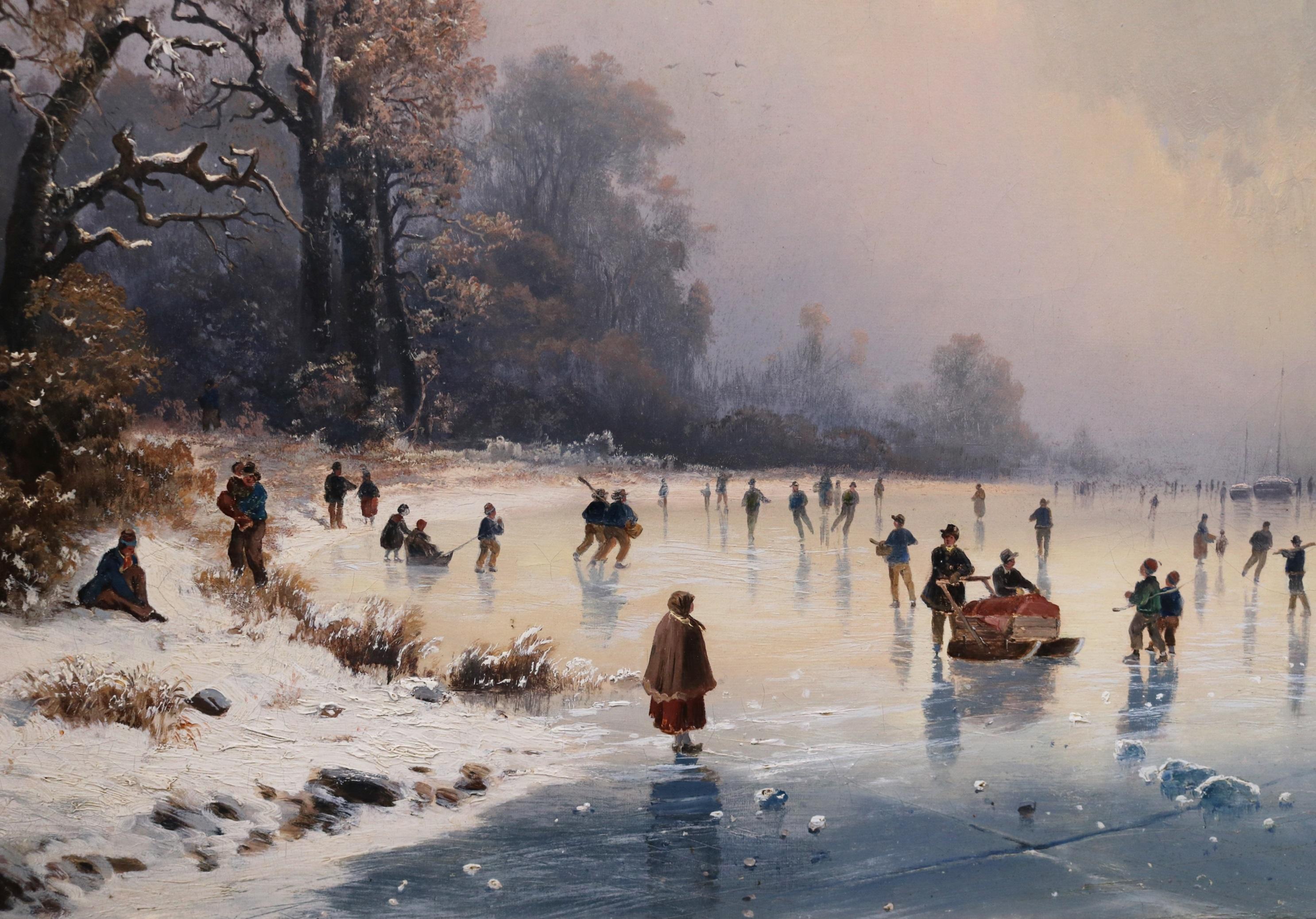 Skaters on Frozen Lake - Grande peinture à l'huile hollandaise d'un paysage d'hiver du 19e siècle 1