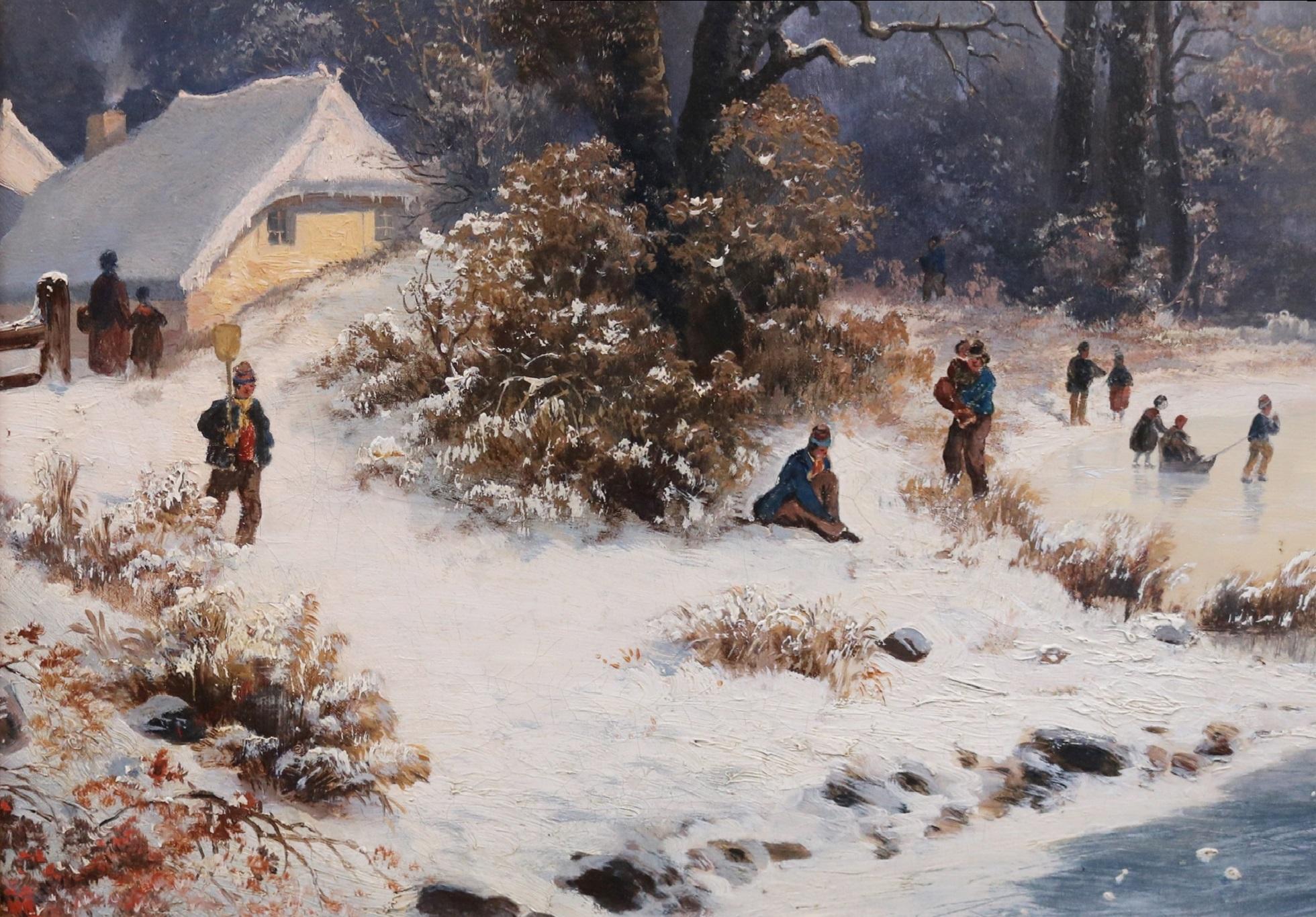 Skaters on Frozen Lake - Grande peinture à l'huile hollandaise d'un paysage d'hiver du 19e siècle 3