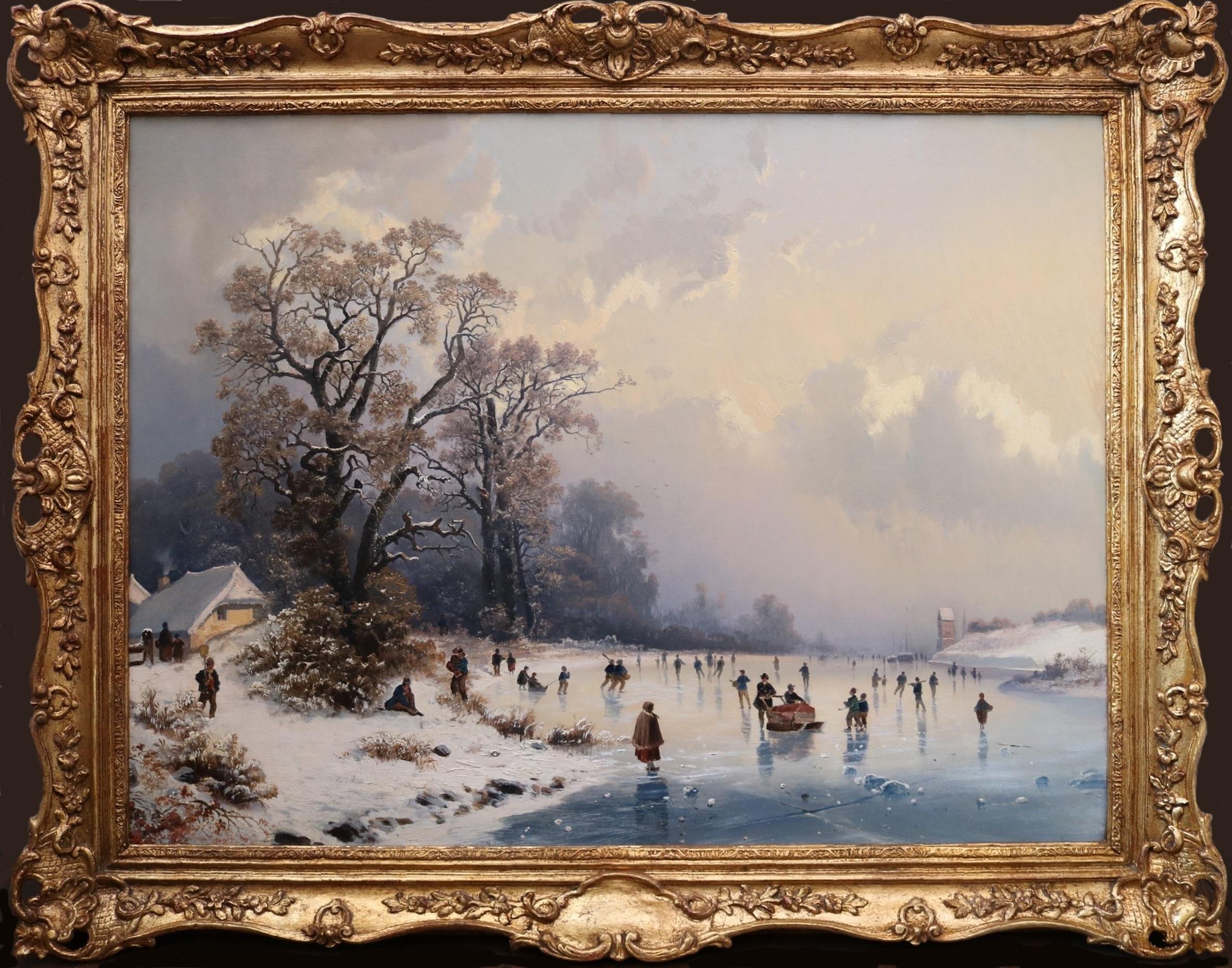 Skaters on Frozen Lake - Grande peinture à l'huile hollandaise d'un paysage d'hiver du 19e siècle - Painting de Jan Jacob Coenraad Spohler