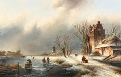 Winter landscape with figures on and along frozen river - J.J.C. Spohler - 