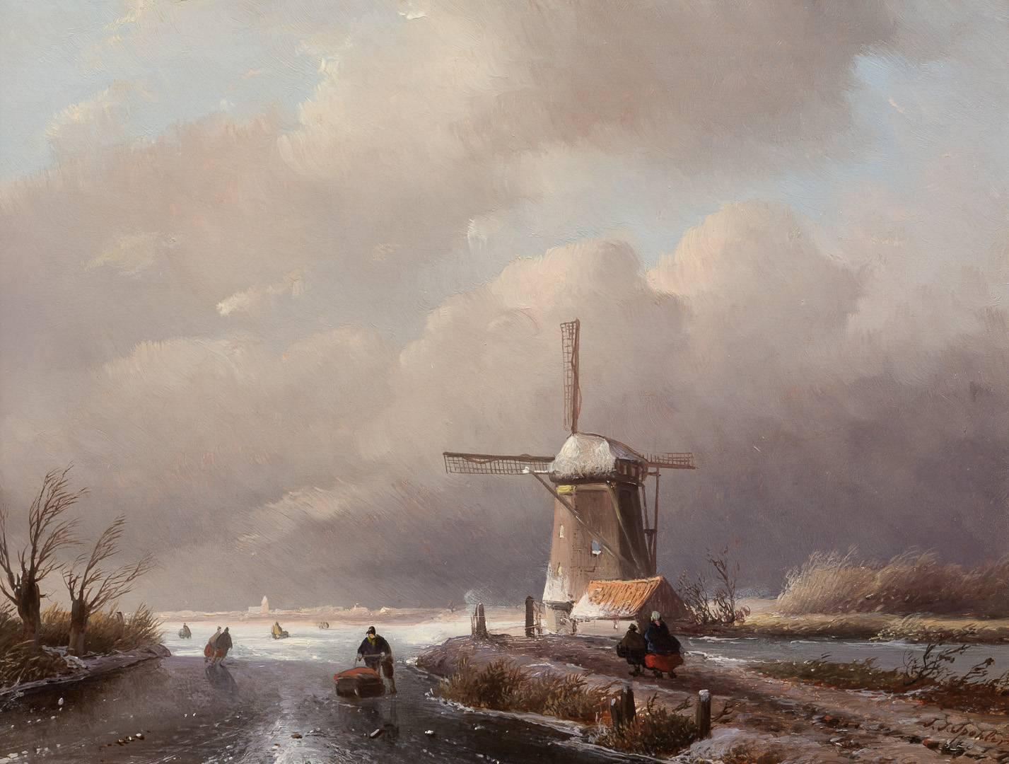 Jan Jacob Coenraad Spohler Landscape Painting - Winterlandscape with windmill