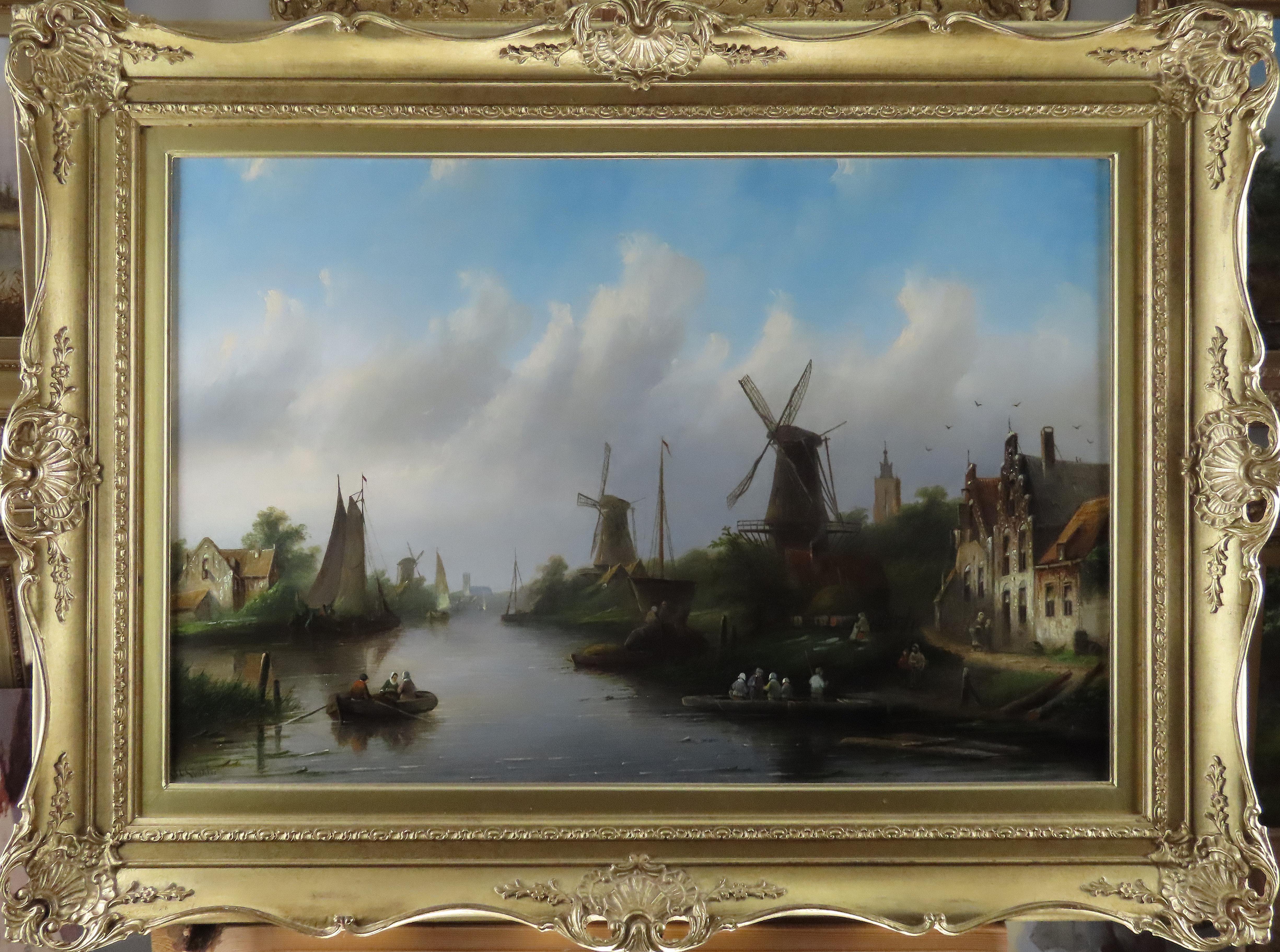 Peinture à l'huile de Jan Jacob Conrad Spohler, "Vue d'un canal hollandais".