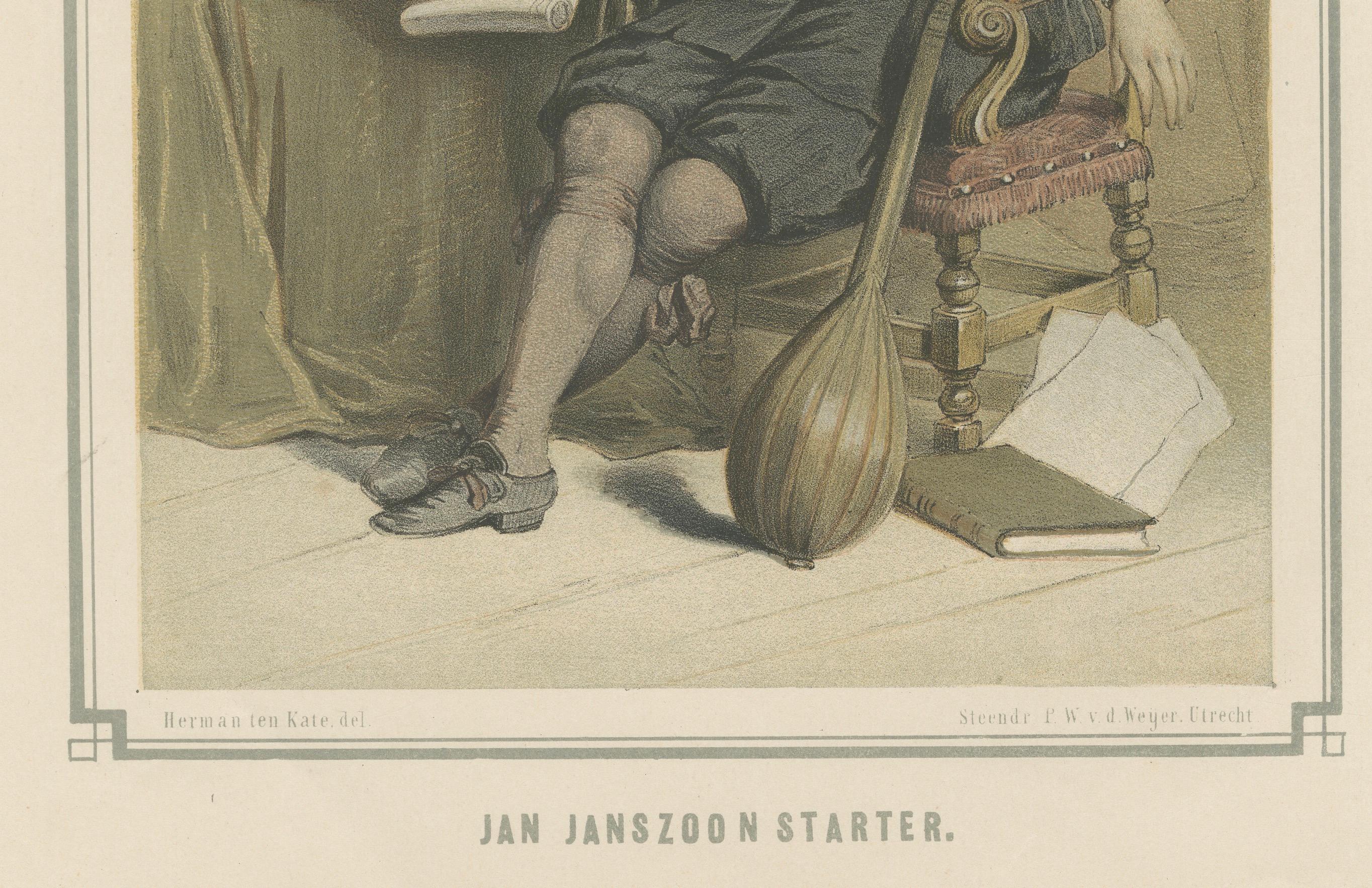   Jan Janszoon Starter an seinem Schreibtisch - Handkolorierte Lithographie aus dem 19.


Diese fein gezeichnete handkolorierte Lithografie aus dem 19. Jahrhundert zeigt Jan Janszoon Starter, einen niederländischen Dichter des frühen siebzehnten