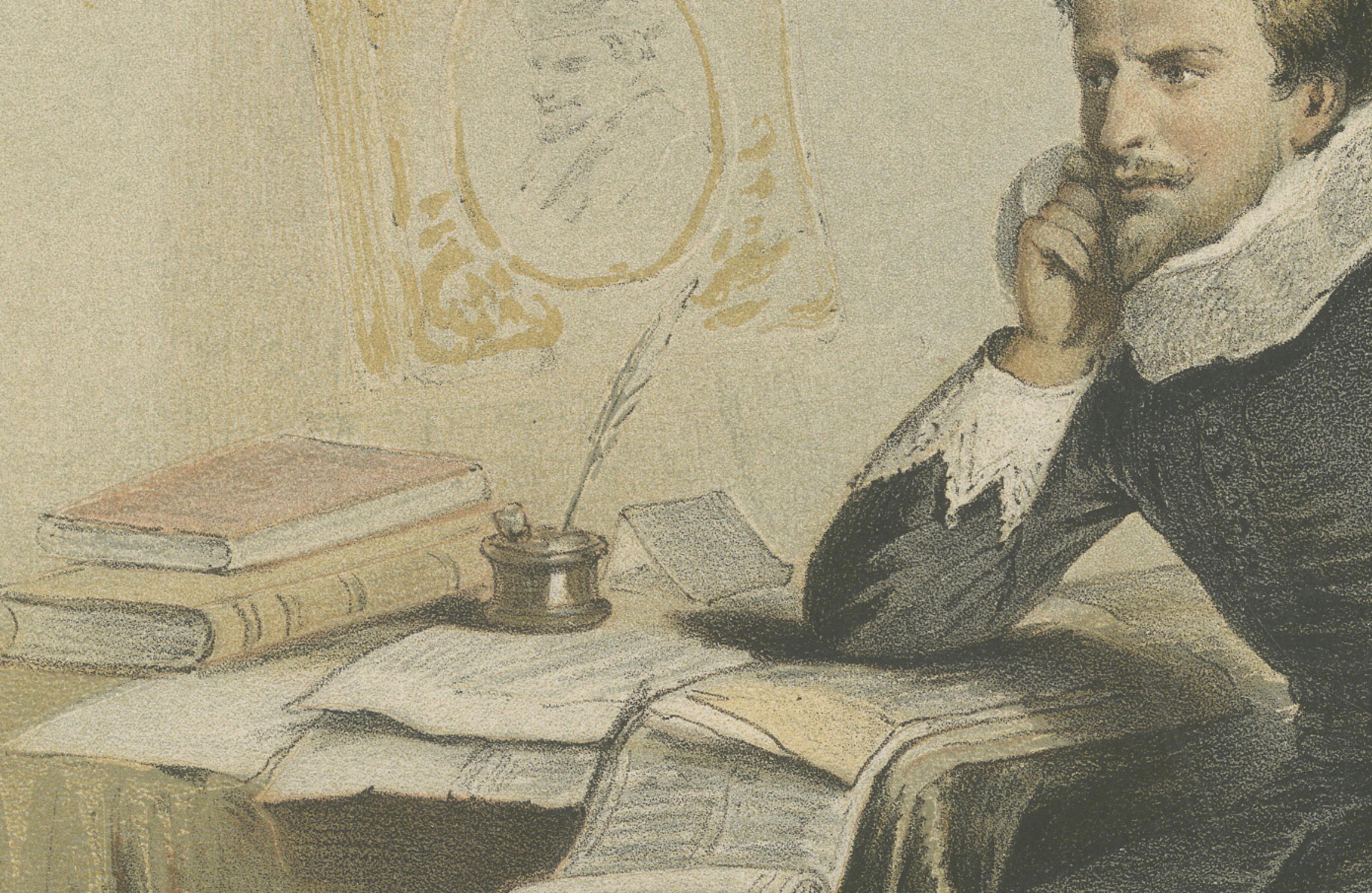 Jan Janszoon Starter an seinem Schreibtisch - Handkolorierte Lithographie aus dem 19. im Zustand „Gut“ im Angebot in Langweer, NL