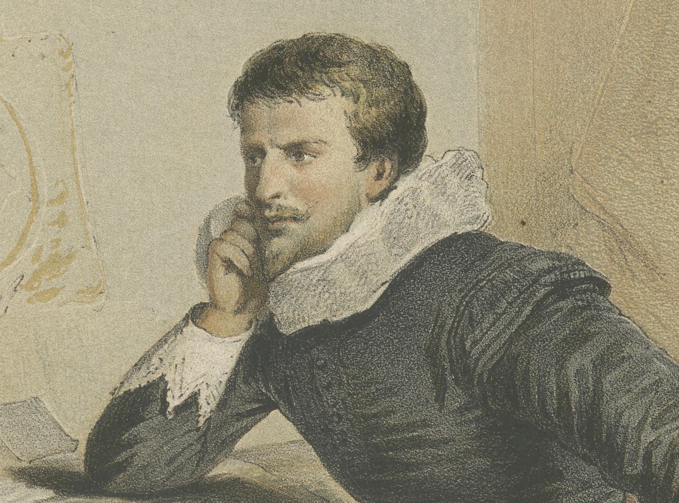 Jan Janszoon Starter an seinem Schreibtisch - Handkolorierte Lithographie aus dem 19. (Mittleres 19. Jahrhundert) im Angebot