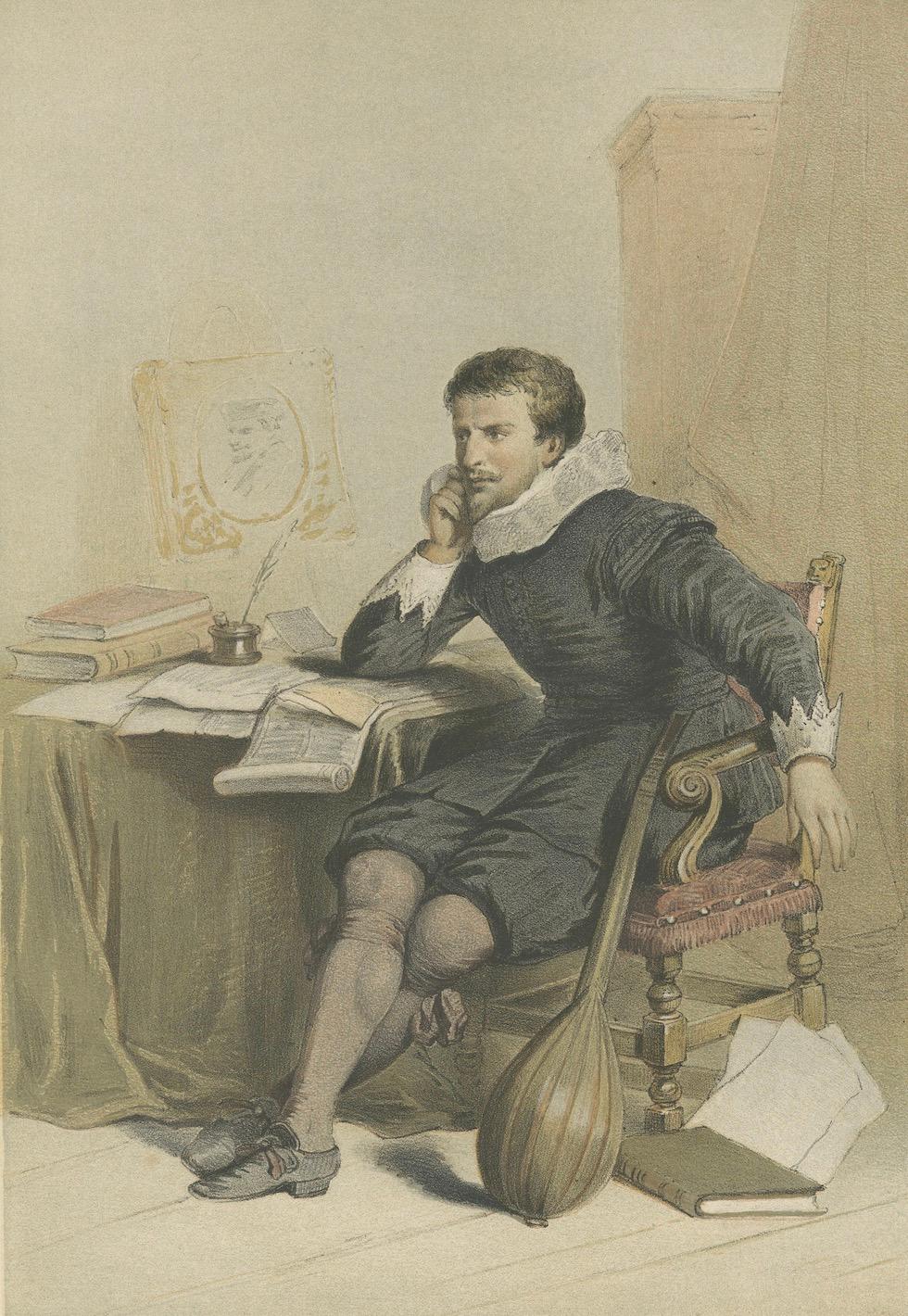 Jan Janszoon Starter an seinem Schreibtisch - Handkolorierte Lithographie aus dem 19. (Papier) im Angebot