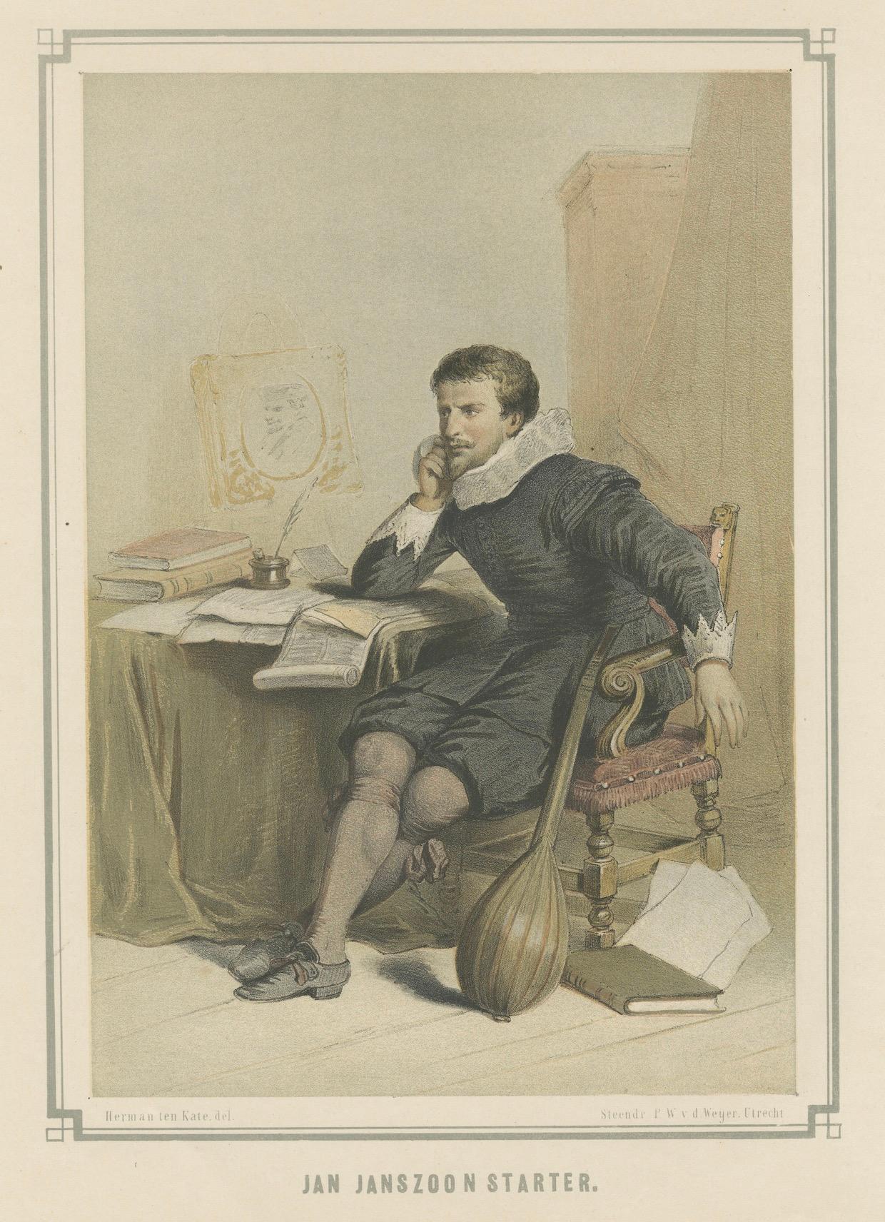 Jan Janszoon Starter an seinem Schreibtisch - Handkolorierte Lithographie aus dem 19. im Angebot 1