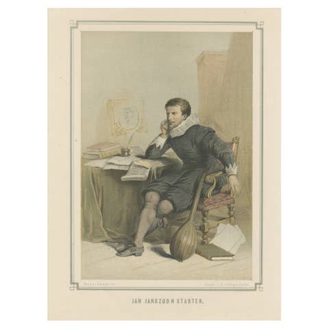 Jan Janszoon Starter at His Desk – 19th-Century Hand-Colored Lithograph