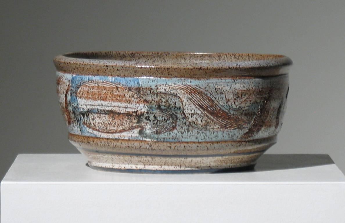 Jan Jones
1956
Ceramic bowl with incising and various blue, gray, brown and black glazes 
6.125 x 13.25 x 13.25 inches