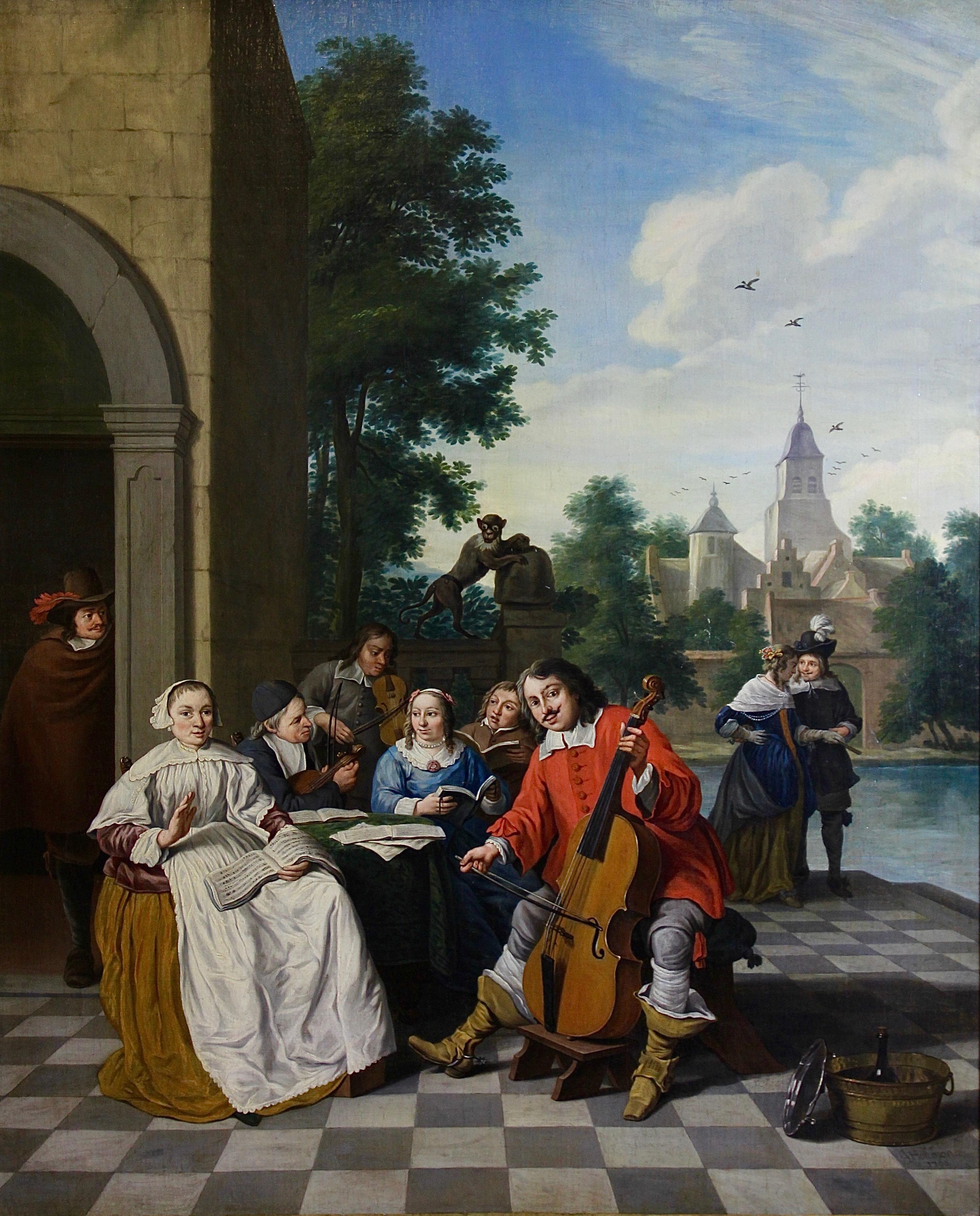 Peinture à l'huile baroque flamande de 1760. Scène romantique Signé et daté.