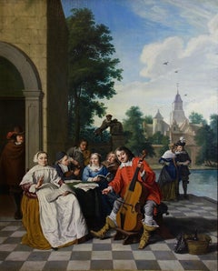 Óleo barroco flamenco de 1760. Escena romántica. Firmado y fechado.