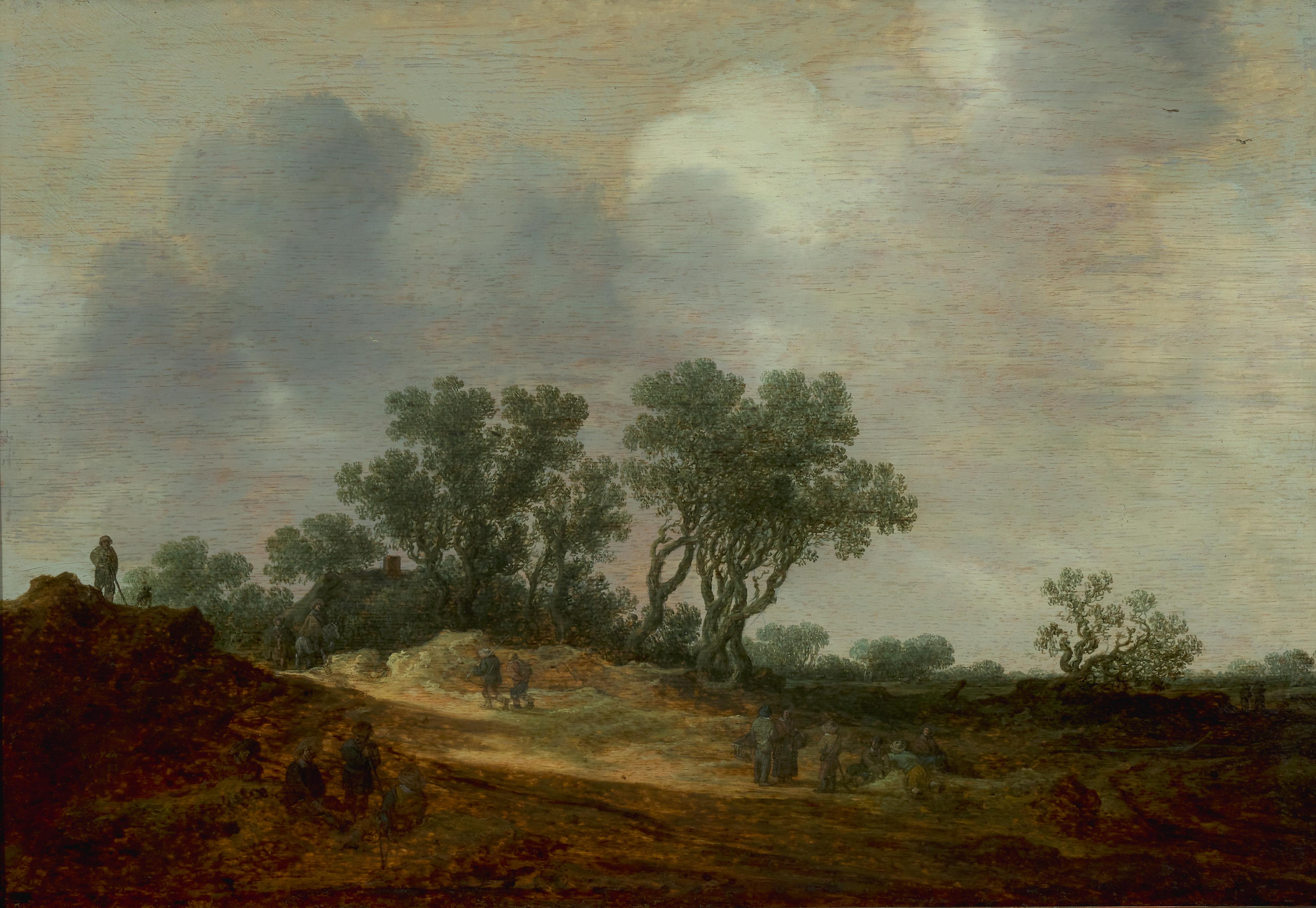 Jan Josefsz Van Goyen Landscape Painting - A lively country road scene - Dutch Golden Age landscape painting 