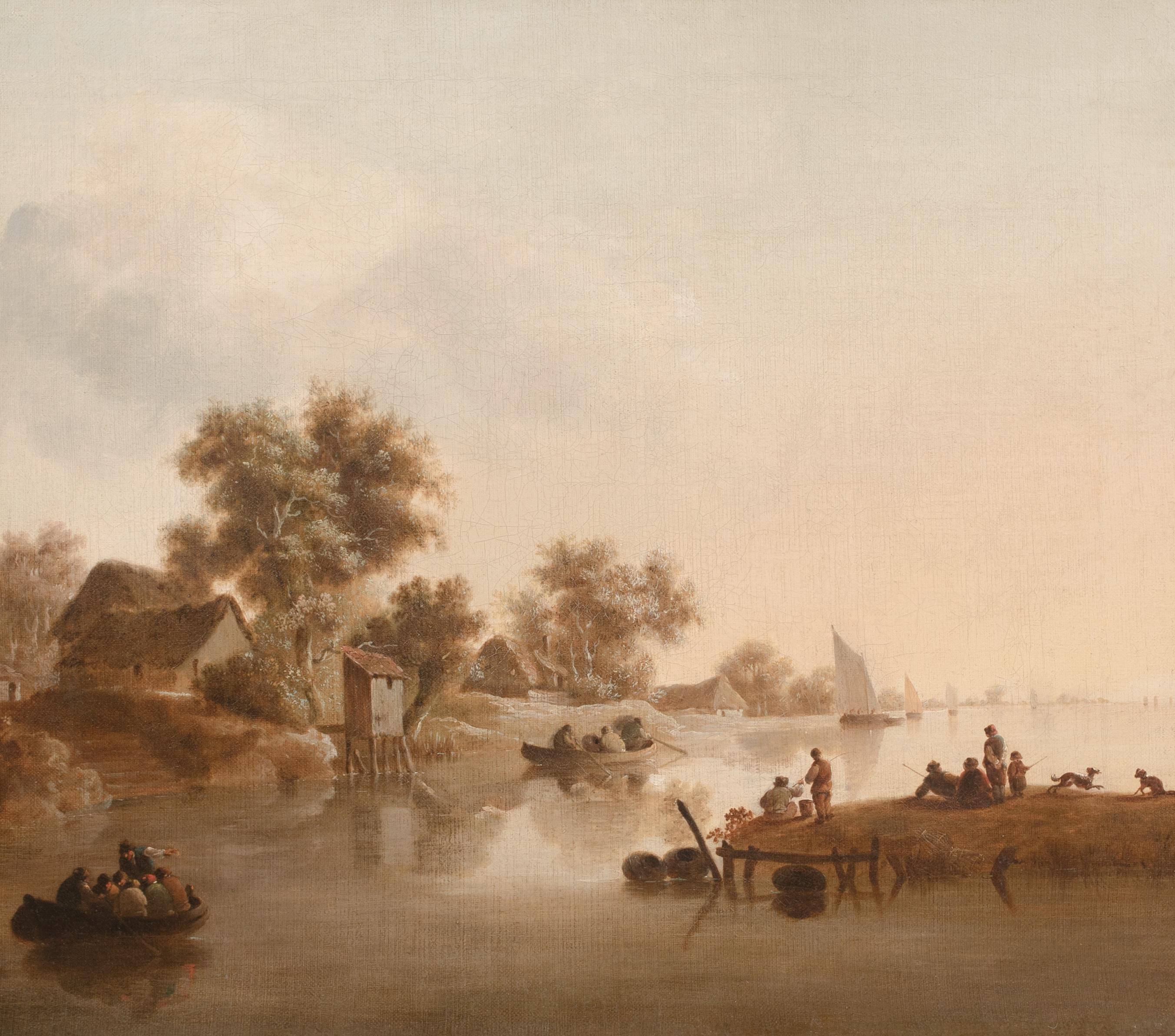 Flussboot-Landschaft, 17. Jahrhundert  Jan Jozefsz VAN GOYEN (1596-1656) (Beige), Landscape Painting, von Jan Josefsz Van Goyen