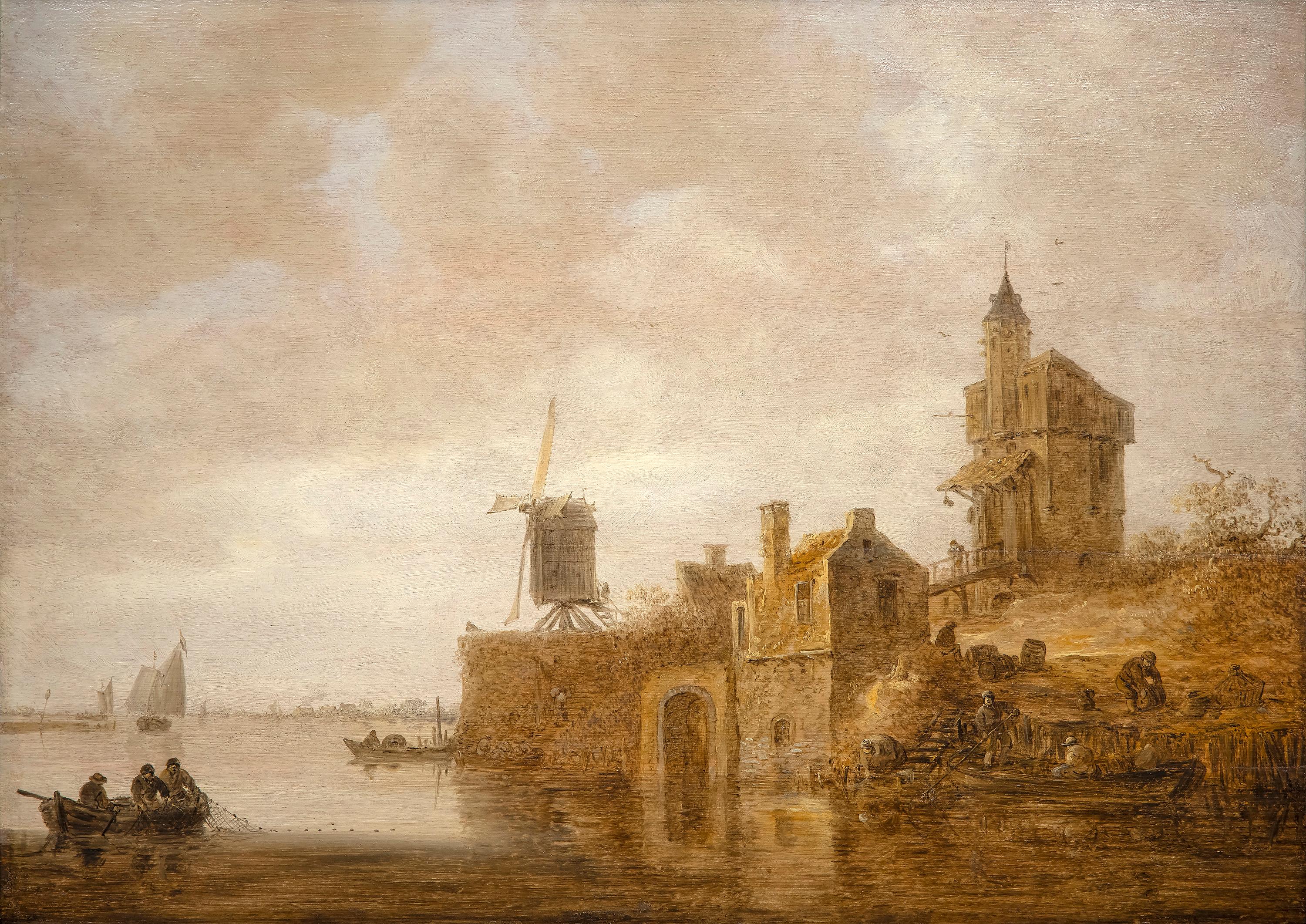 River Landscape with a Windmill and Chapel - Painting by Jan Josefsz Van Goyen