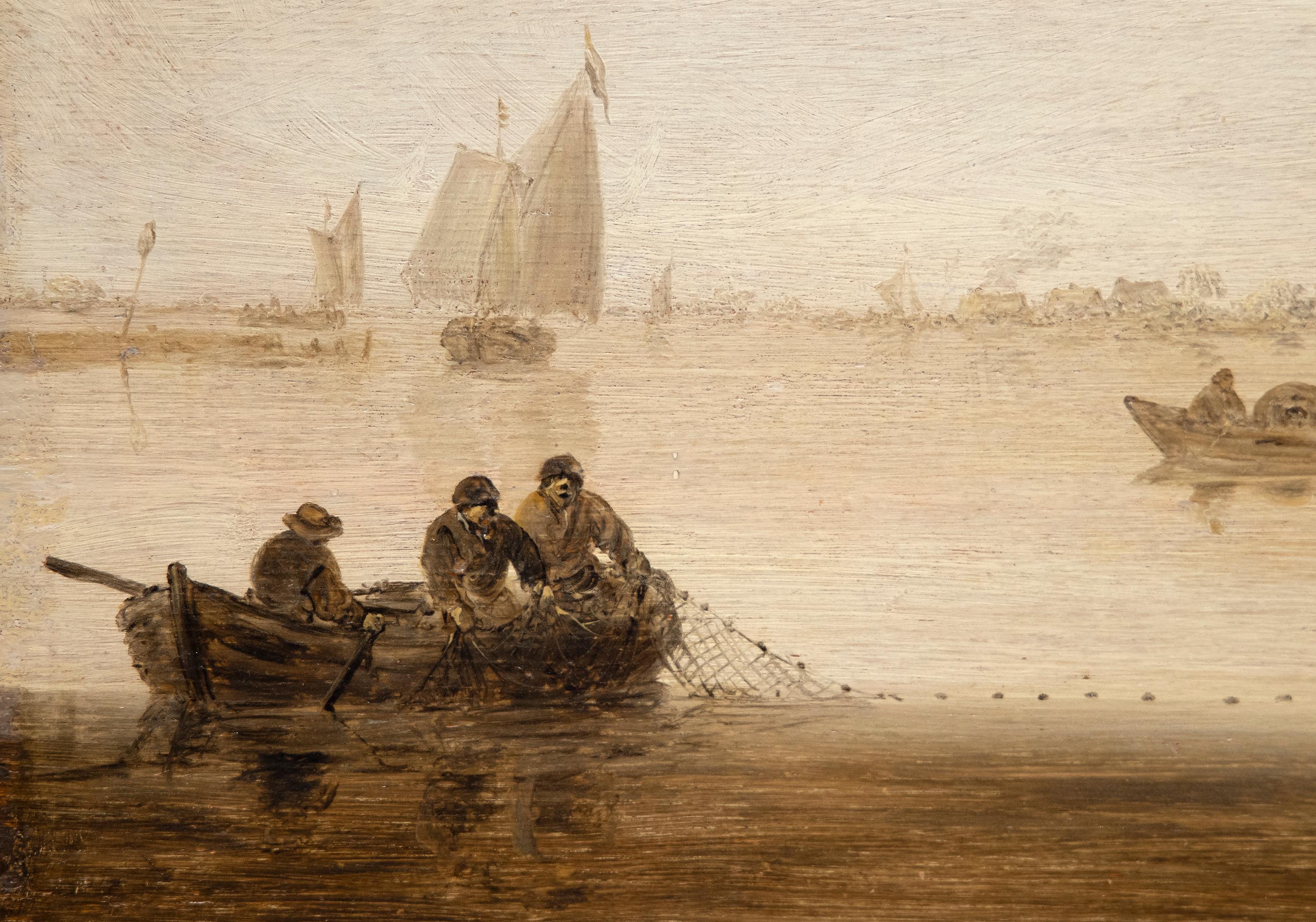 Paesaggio fluviale con mulino a vento e cappella - Landscape Painting Nero di Jan Josefsz Van Goyen