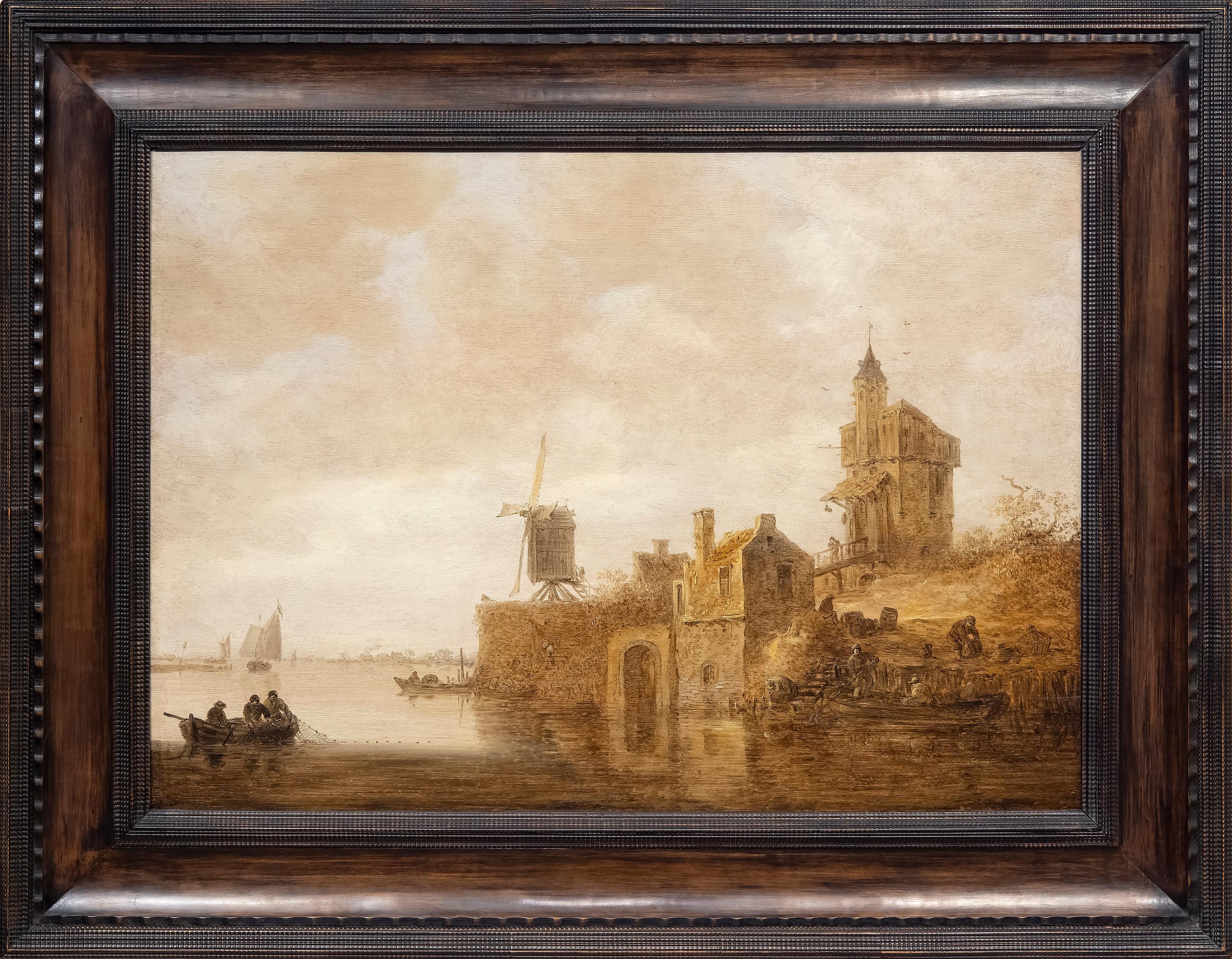 Jan Josefsz Van Goyen Landscape Painting - River Landscape with a Windmill and Chapel