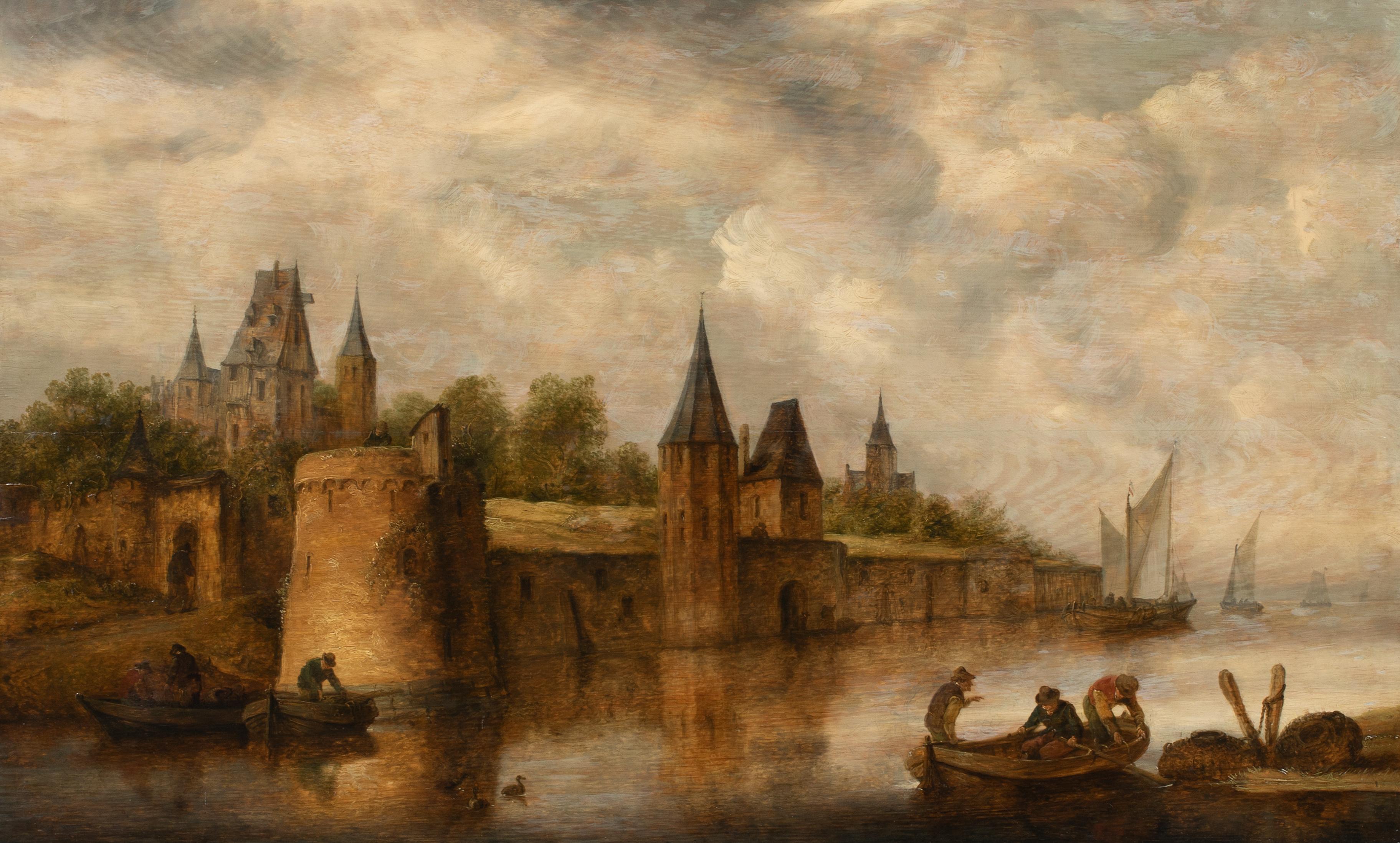 River Landscape With Figures In Boats, 17th Century  - Painting by Jan Josefsz Van Goyen