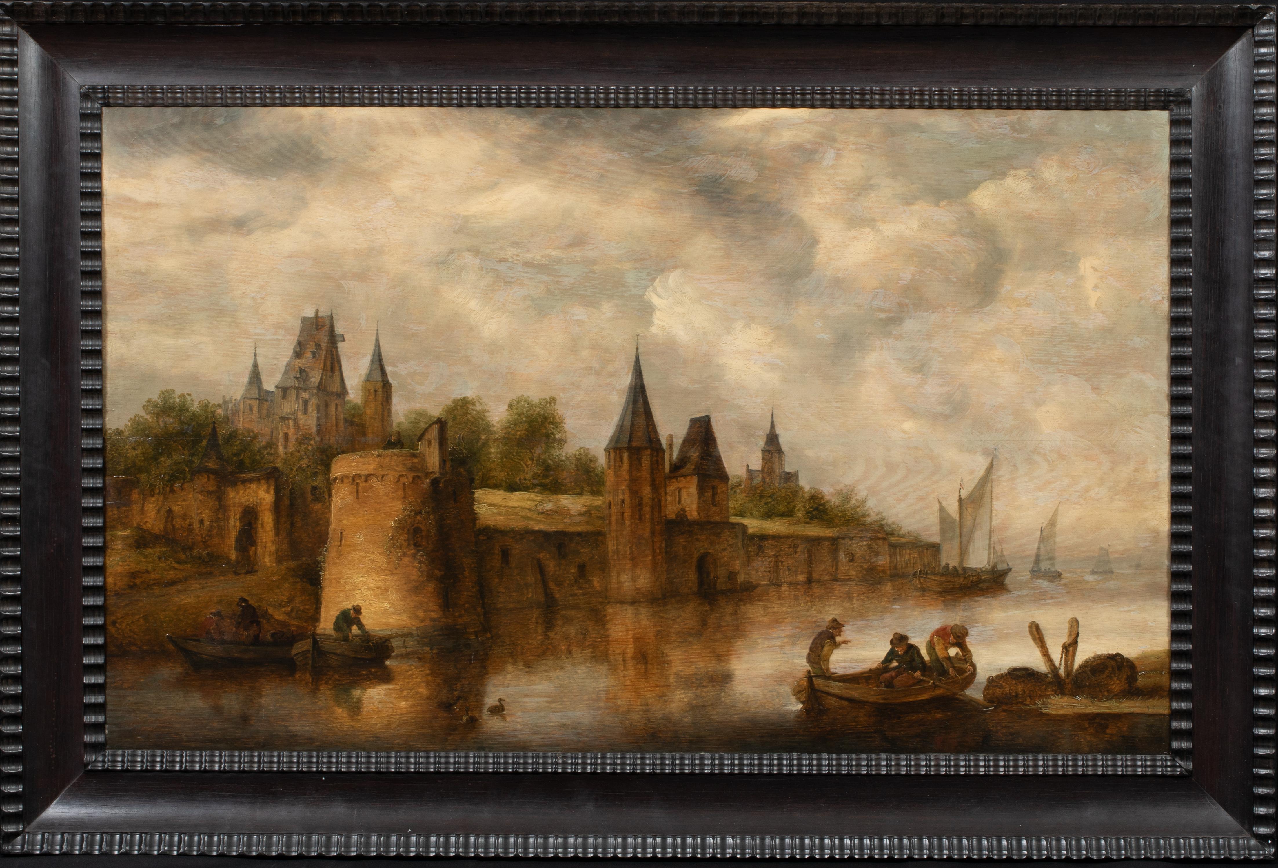 Landscape Painting Jan Josefsz Van Goyen - Paysage fluvial avec des personnages dans des bateaux, 17ème siècle 