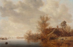 River Scene with Cottages - Old Masters Oil on Panel Landscape Painting, 1638