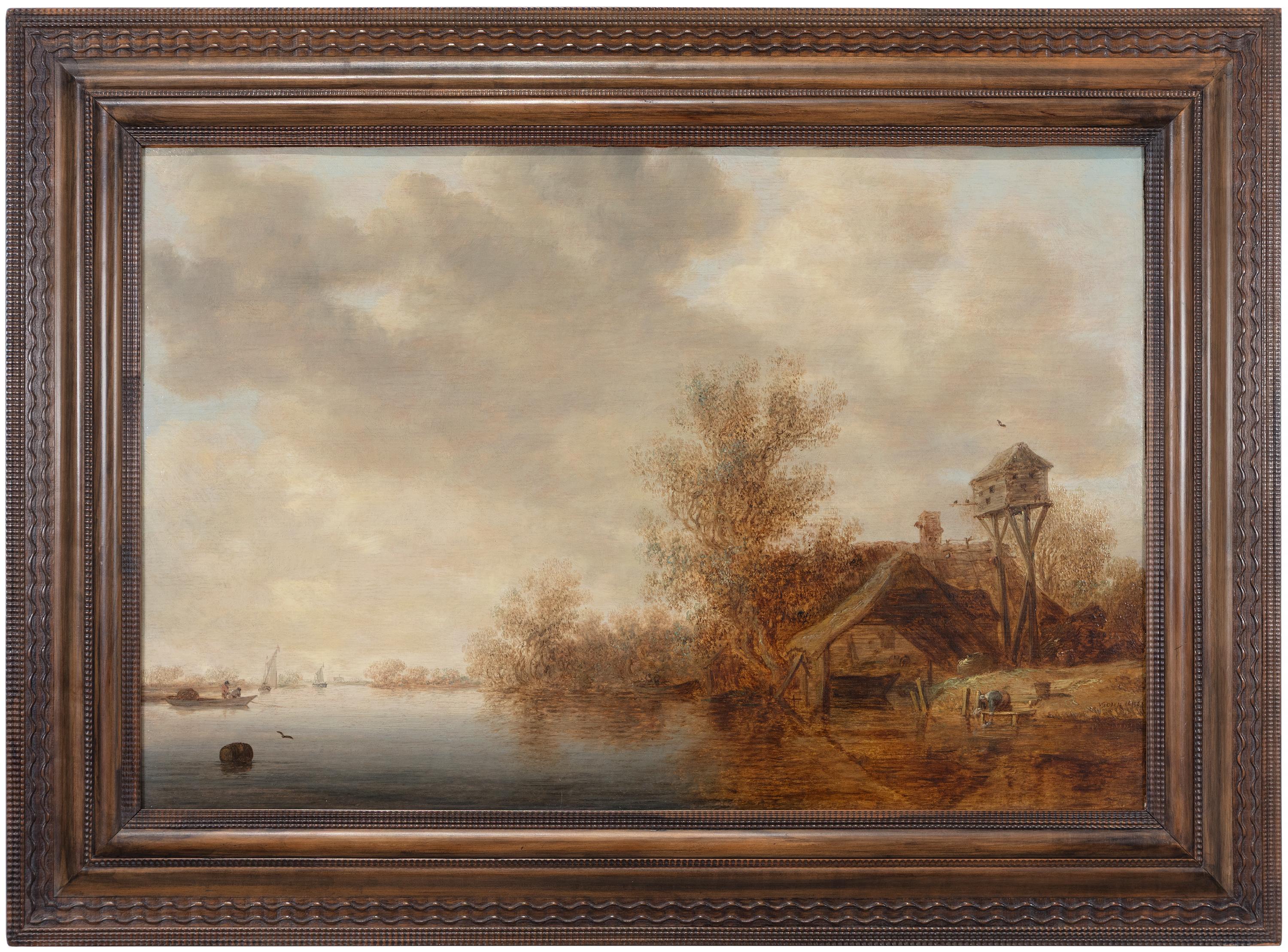 Landscape Painting di Jan Josefsz Van Goyen - Scena fluviale con casette - Dipinto paesaggistico a olio su tavola dei Maestri Antichi, 1638