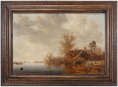 River Scene with Cottages - Old Masters Oil on Panel Landscape Painting, 1638
