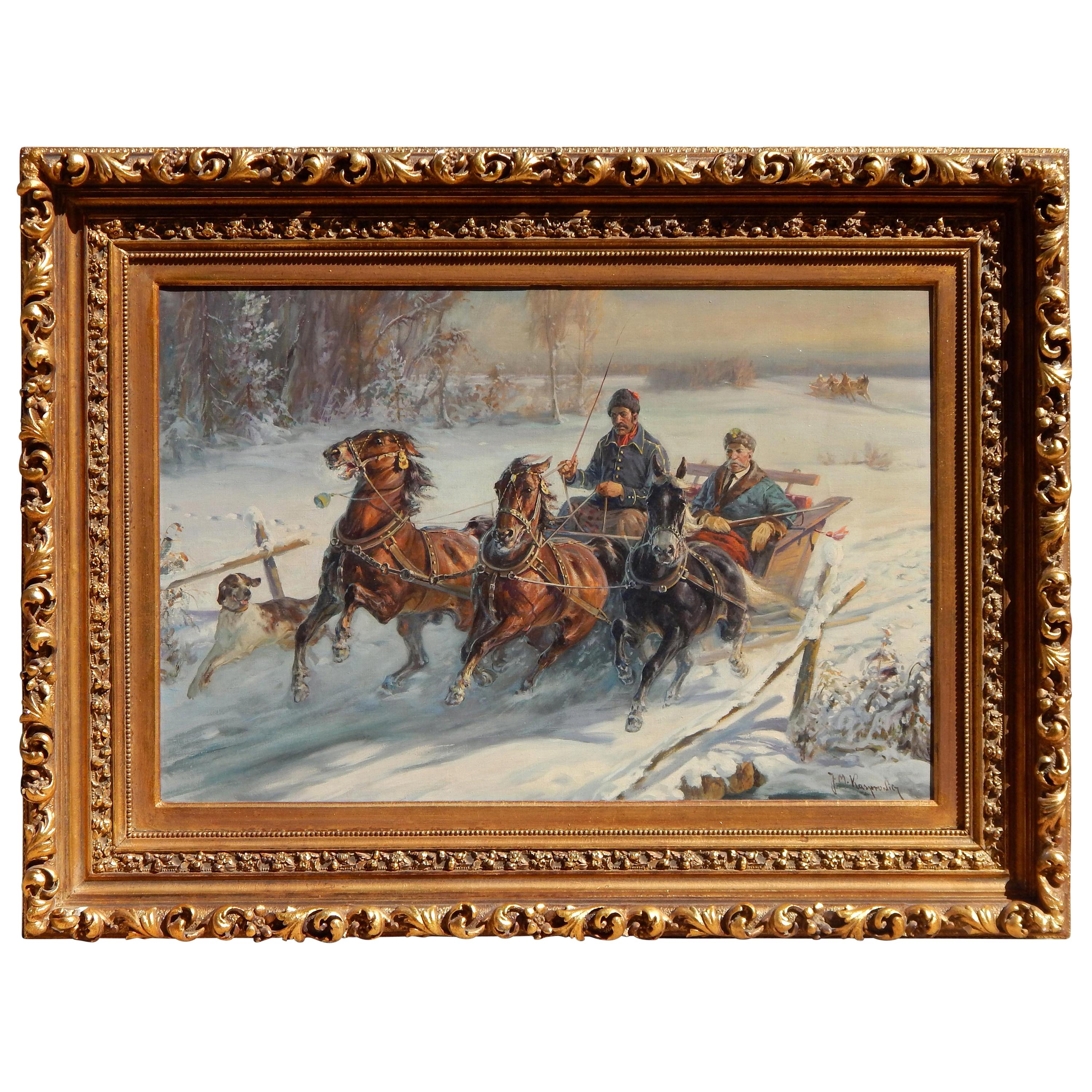 Jan Kasprowicz Polish Artist Oil on Canvas, Winter Scene, Driving the Troika