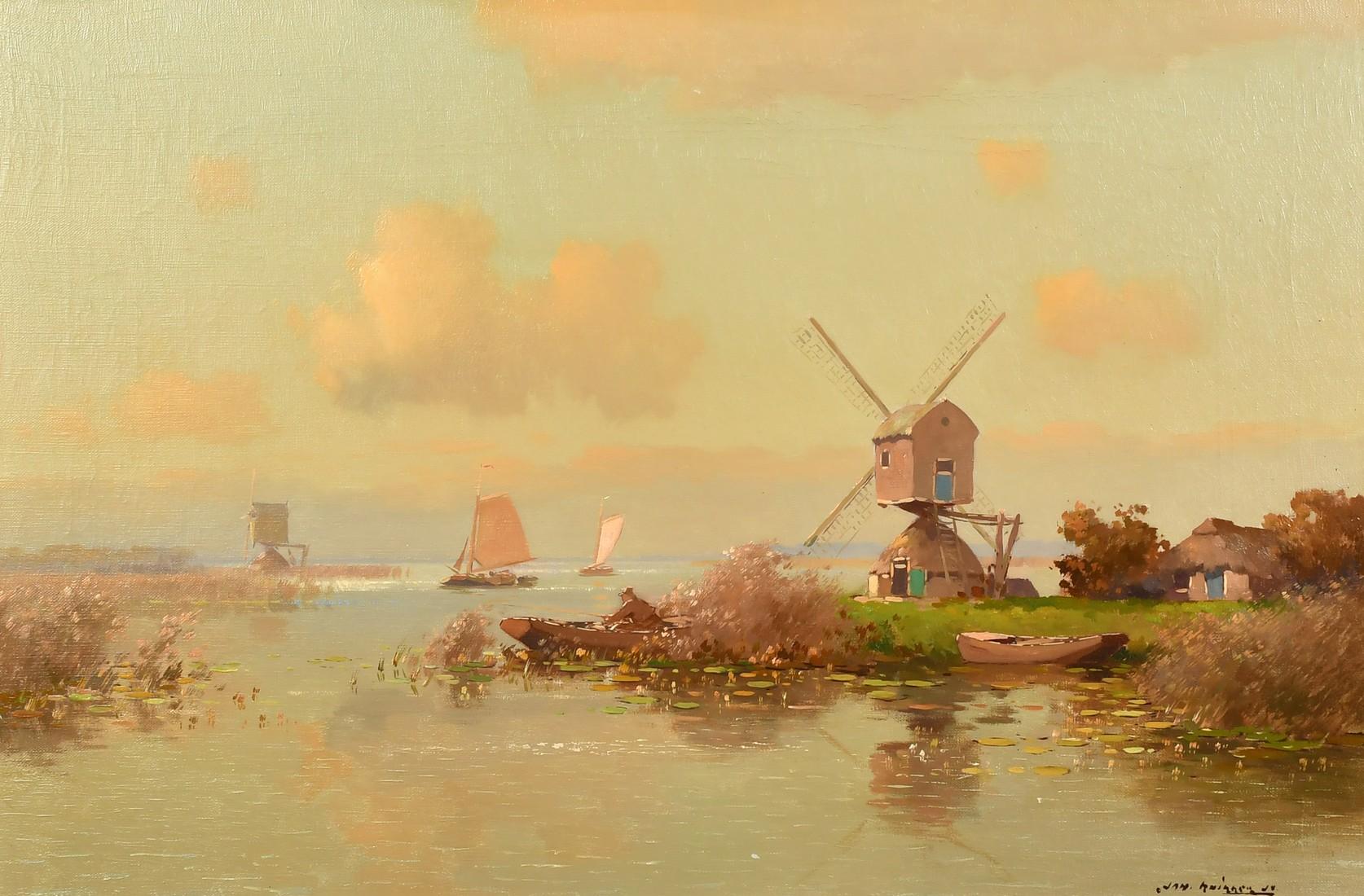 River Landscape with Windmill - Dutch Oil on Canvas Painting by Jan Knikker - Beige Landscape Painting by Jan Knikker Jr.