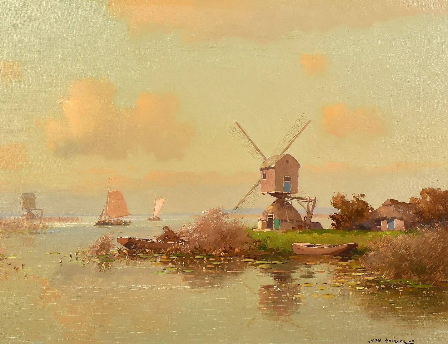 Flusslandschaft mit Windmühle – niederländisches Gemälde in Öl auf Leinwand von Jan Knikker (Beige), Landscape Painting, von Jan Knikker Jr.