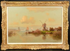 River Landscape with Windmill - Dutch Oil on Canvas Painting by Jan Knikker