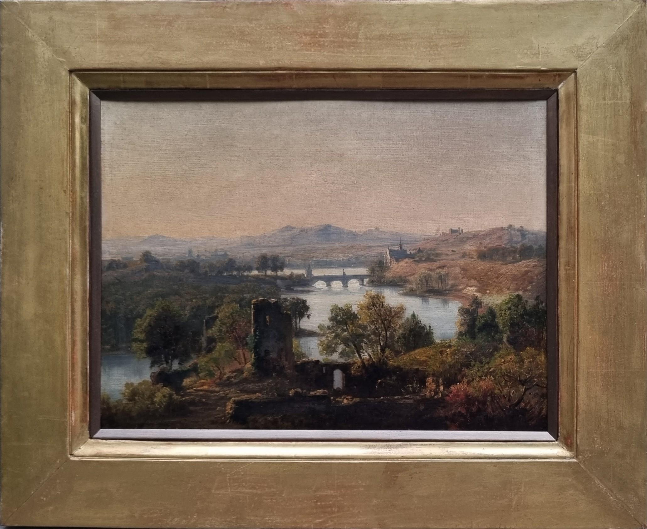 Dutch Painting Jan KOBELL Classical Landscape ruins river bridge 19th 1