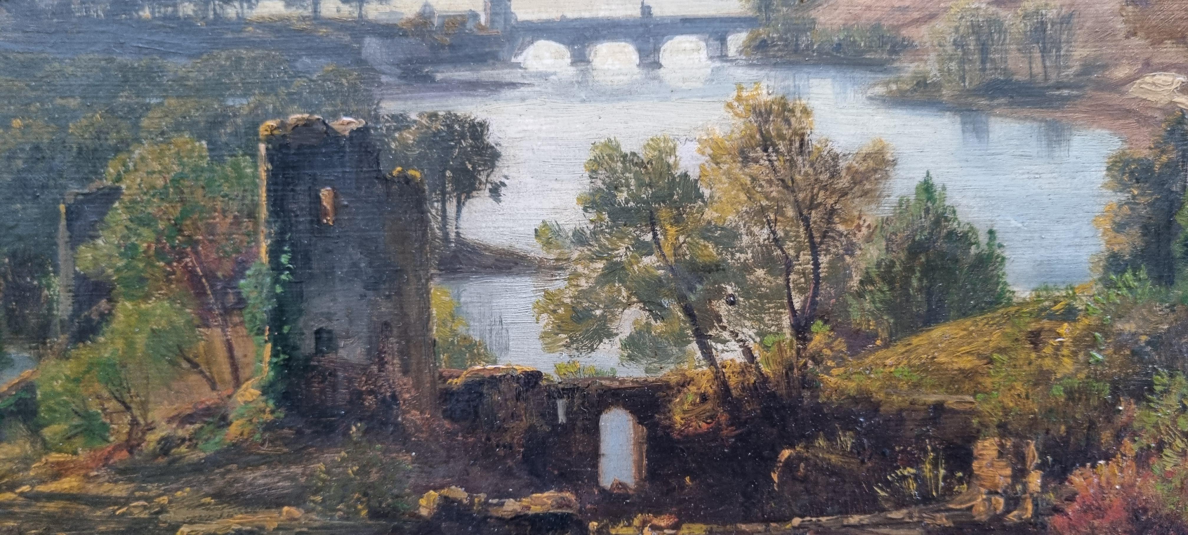 Dutch Painting Jan KOBELL Classical Landscape ruins river bridge 19th 7
