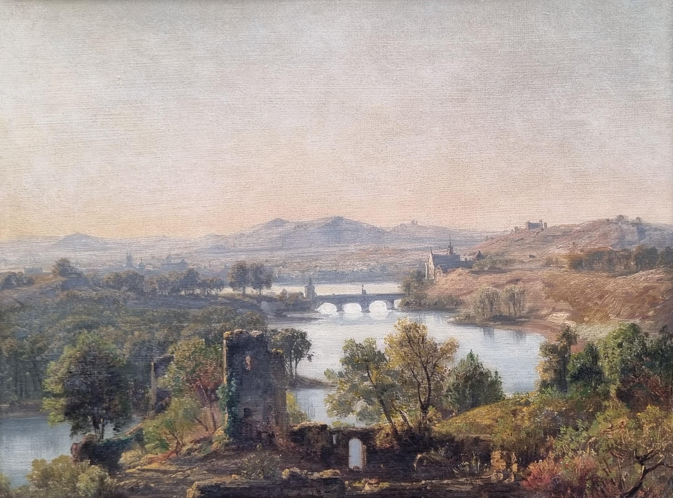Jan KOBELL Paesaggio romantico rovine montagne fiume Olandese XIX in vendita 2