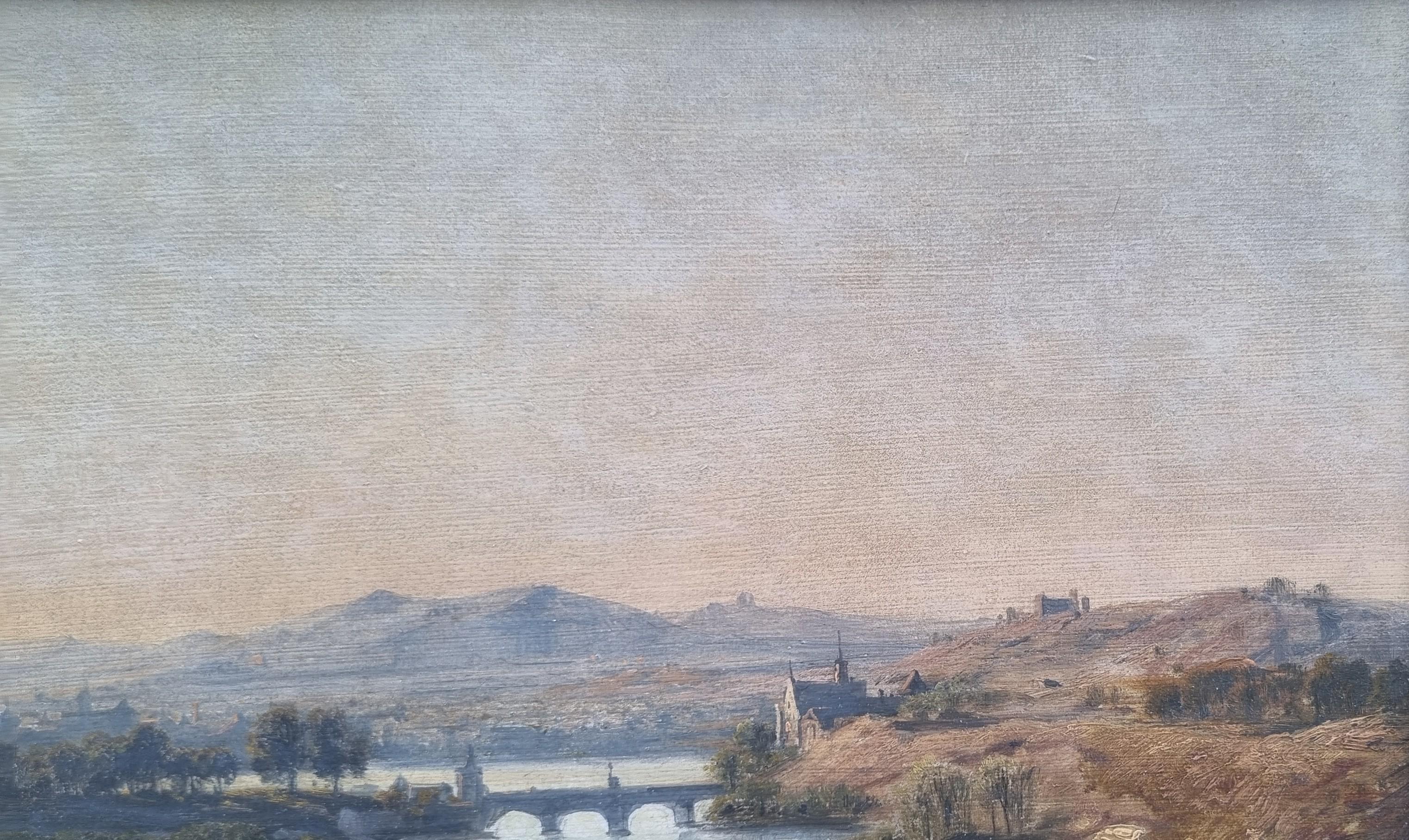 Jan KOBELL Paesaggio romantico rovine montagne fiume Olandese XIX in vendita 4