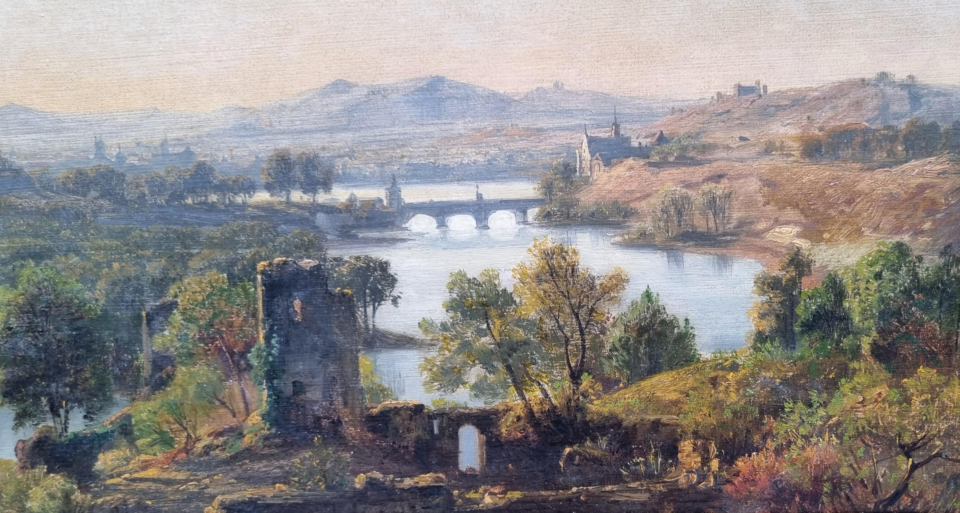 Jan KOBELL Paesaggio romantico rovine montagne fiume Olandese XIX in vendita 6