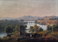 Jan KOBELL Paesaggio romantico rovine montagne fiume Olandese XIX