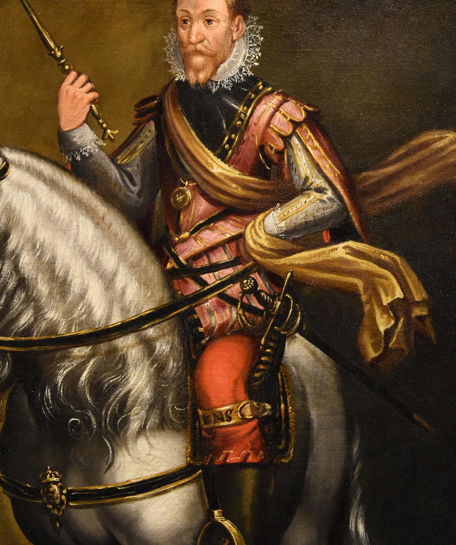 Jan Kraeck, in Italy Giovanni Caracca (Haarlem c. 1540 - Turin 1607) Workshop of

Equestrian portrait of Charles Emmanuel I, Duke of Savoy (Rivoli 1562 - Savigliano 1630) known as 'the Great'
Oil on canvas (148 × 122 cm - Framed 165 × 139 cm)

The