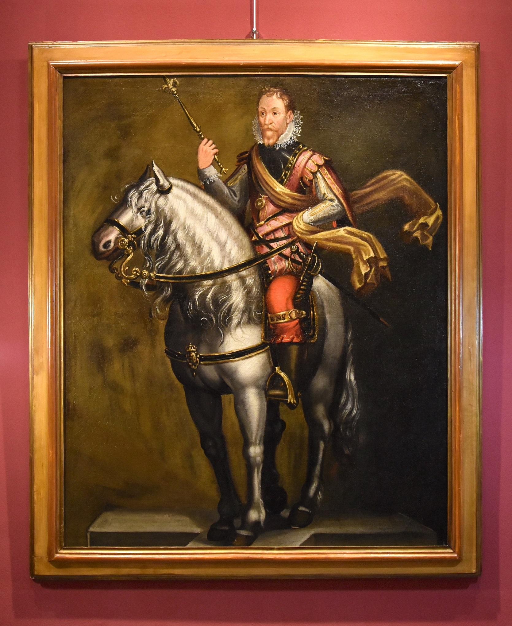 Equestrian Portrait Kraeck Paint Oil on canvas Old master 16/17th Century Italy - Painting by Jan Kraeck, in Italy Giovanni Caracca (Haarlem c. 1540 - Turin 1607) 