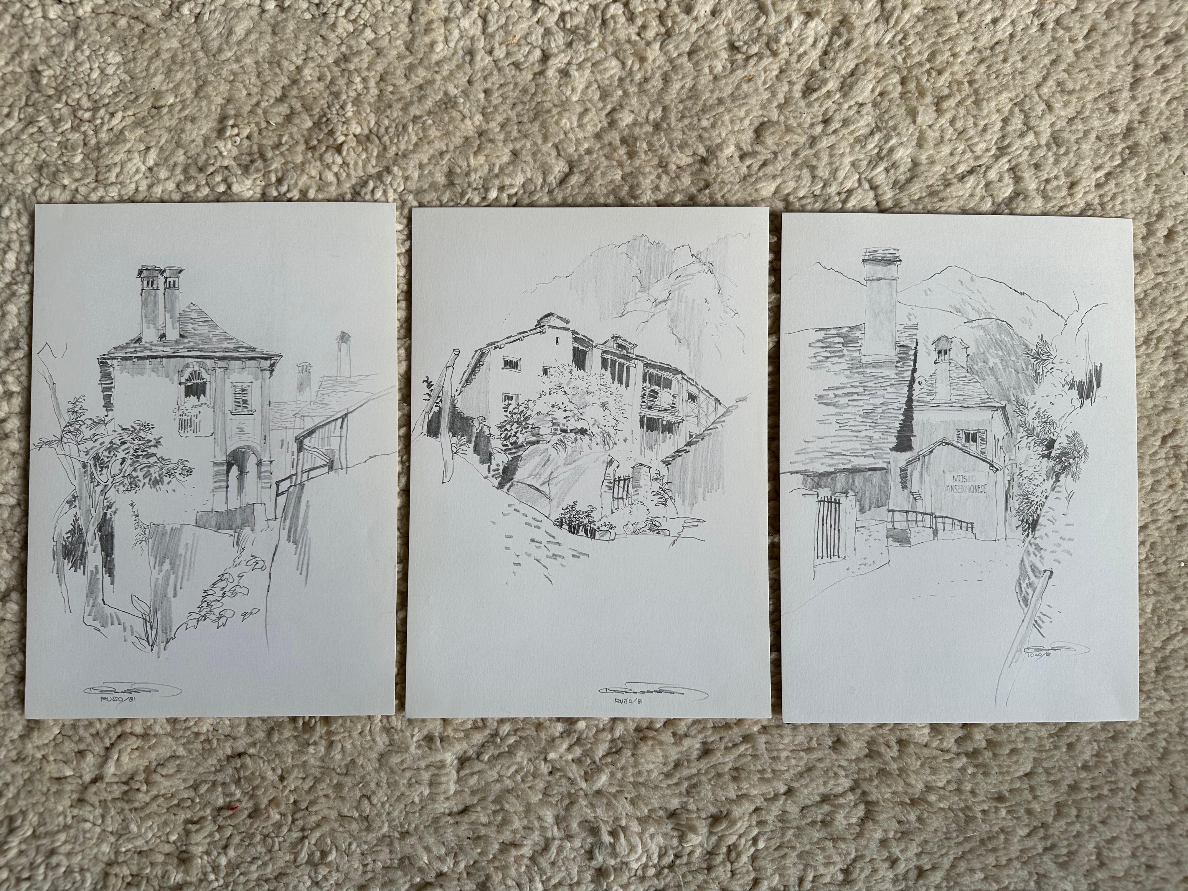 Original-Bleistiftskizzen von Jan Kristofori, 3er-Set, authentische Schweizer Motive im Angebot 4