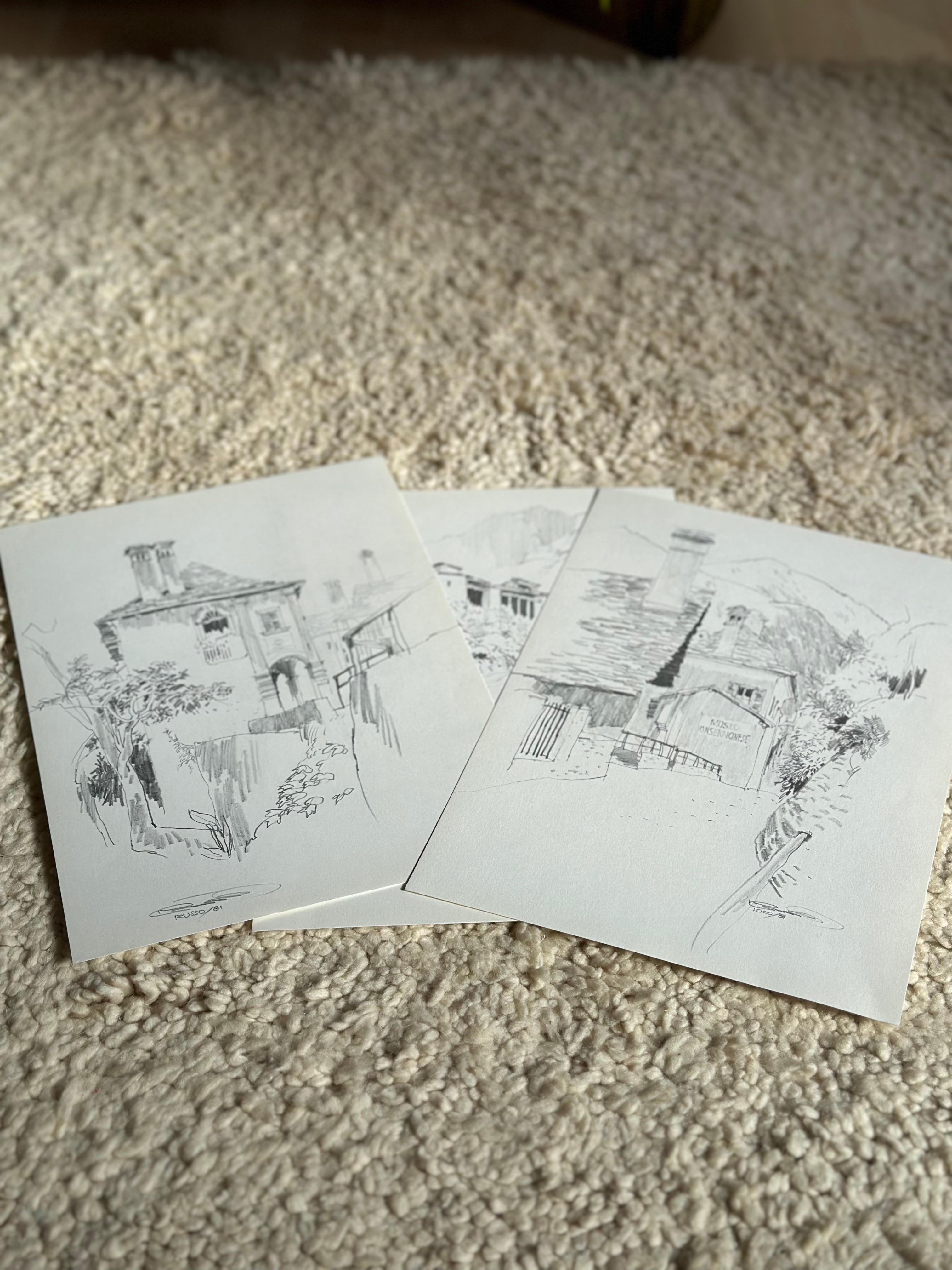 Original-Bleistiftskizzen von Jan Kristofori, 3er-Set, authentische Schweizer Motive im Angebot 2