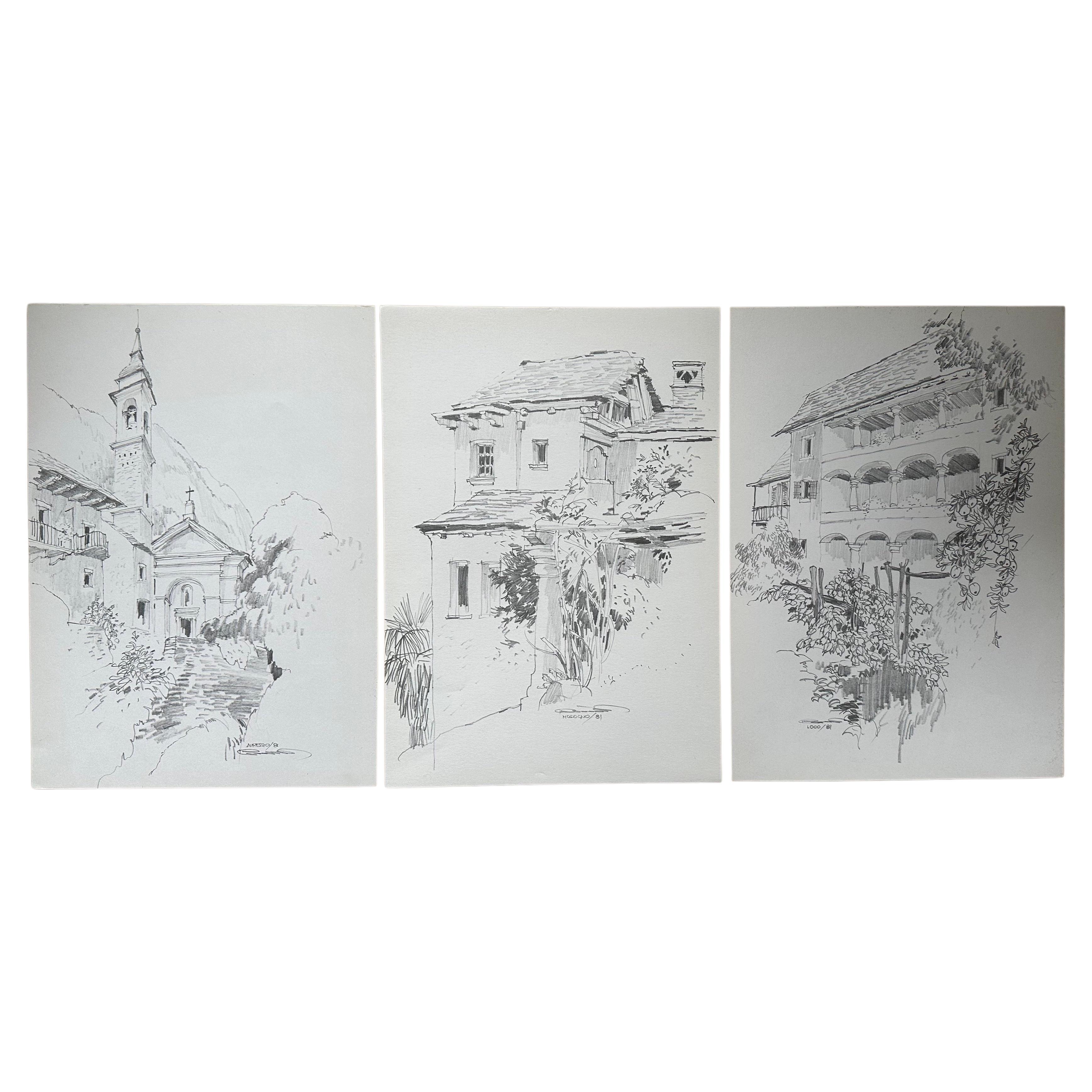 Jan Kristofori Original Pencil Sketches, Set of 3, Authentic Swiss Motives For Sale