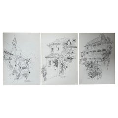 Vintage Jan Kristofori Original Pencil Sketches, Set of 3, Authentic Swiss Motives