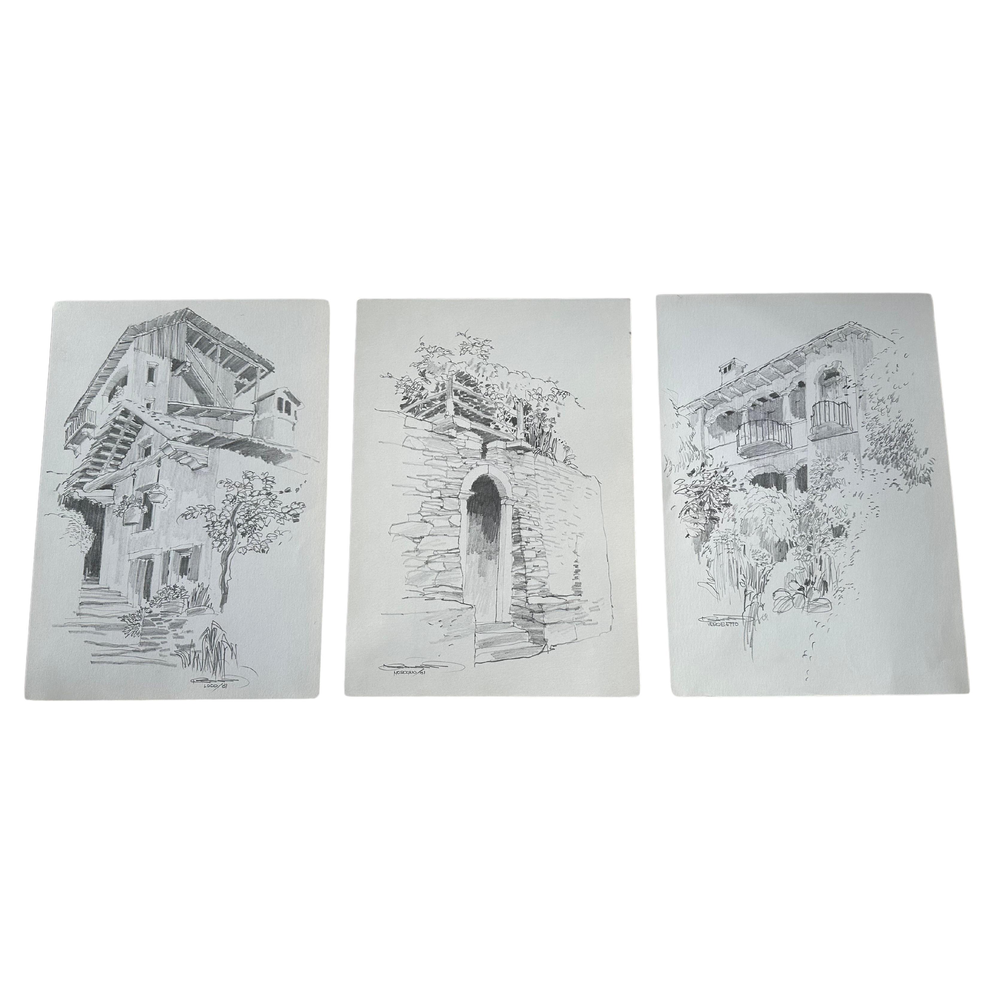 Original-Bleistiftskizzen von Jan Kristofori, 3er-Set, authentische Schweizer Motive im Angebot