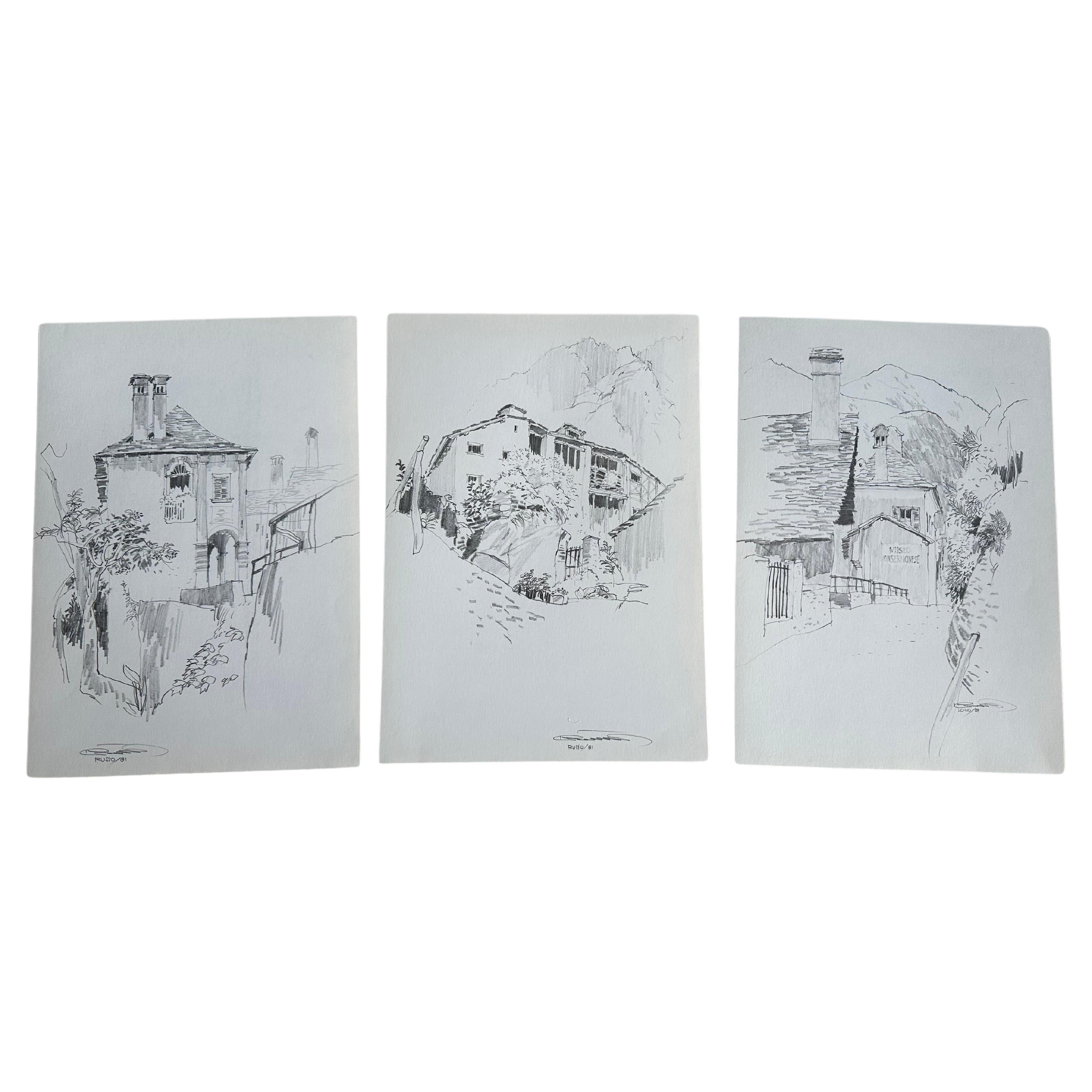 Original-Bleistiftskizzen von Jan Kristofori, 3er-Set, authentische Schweizer Motive im Angebot