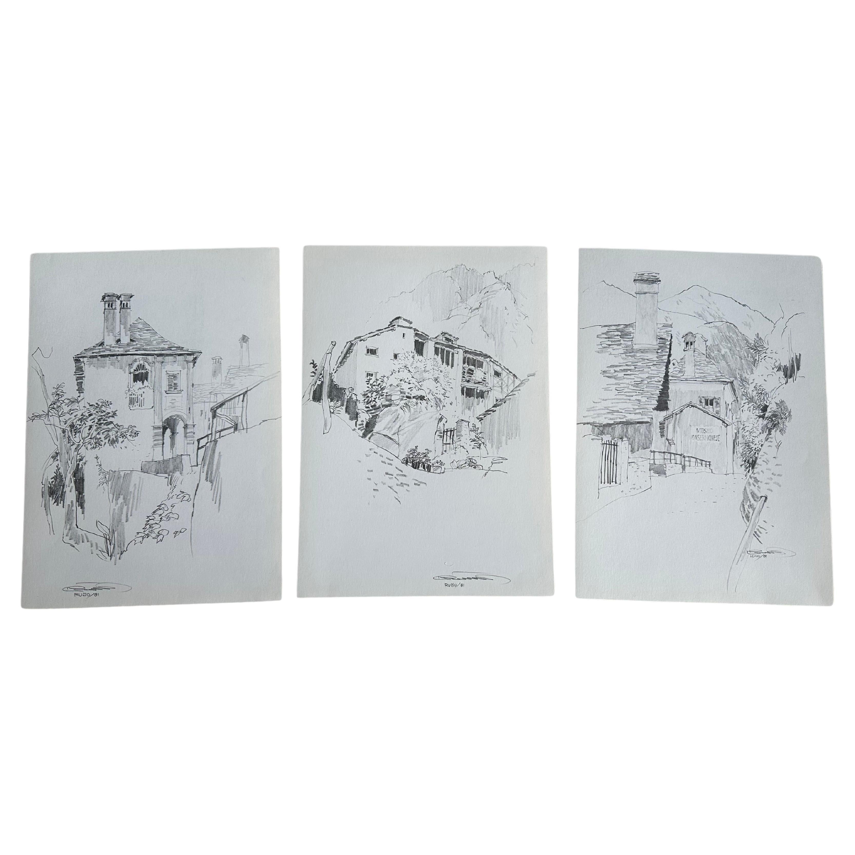 Jan Kristofori Original Pencil Sketches, Set of 3, Authentic Swiss Motives