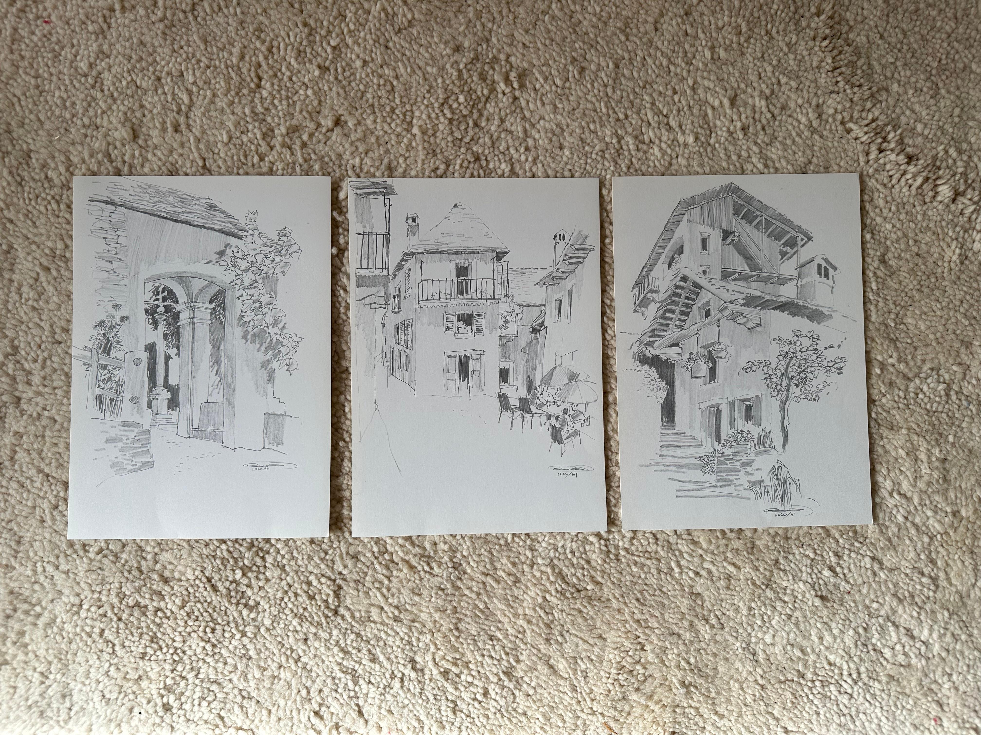 Original-Bleistiftskizzen von Jan Kristofori, 3er-Set, Schweizer Motive, Stadt „Loco“ im Angebot 4
