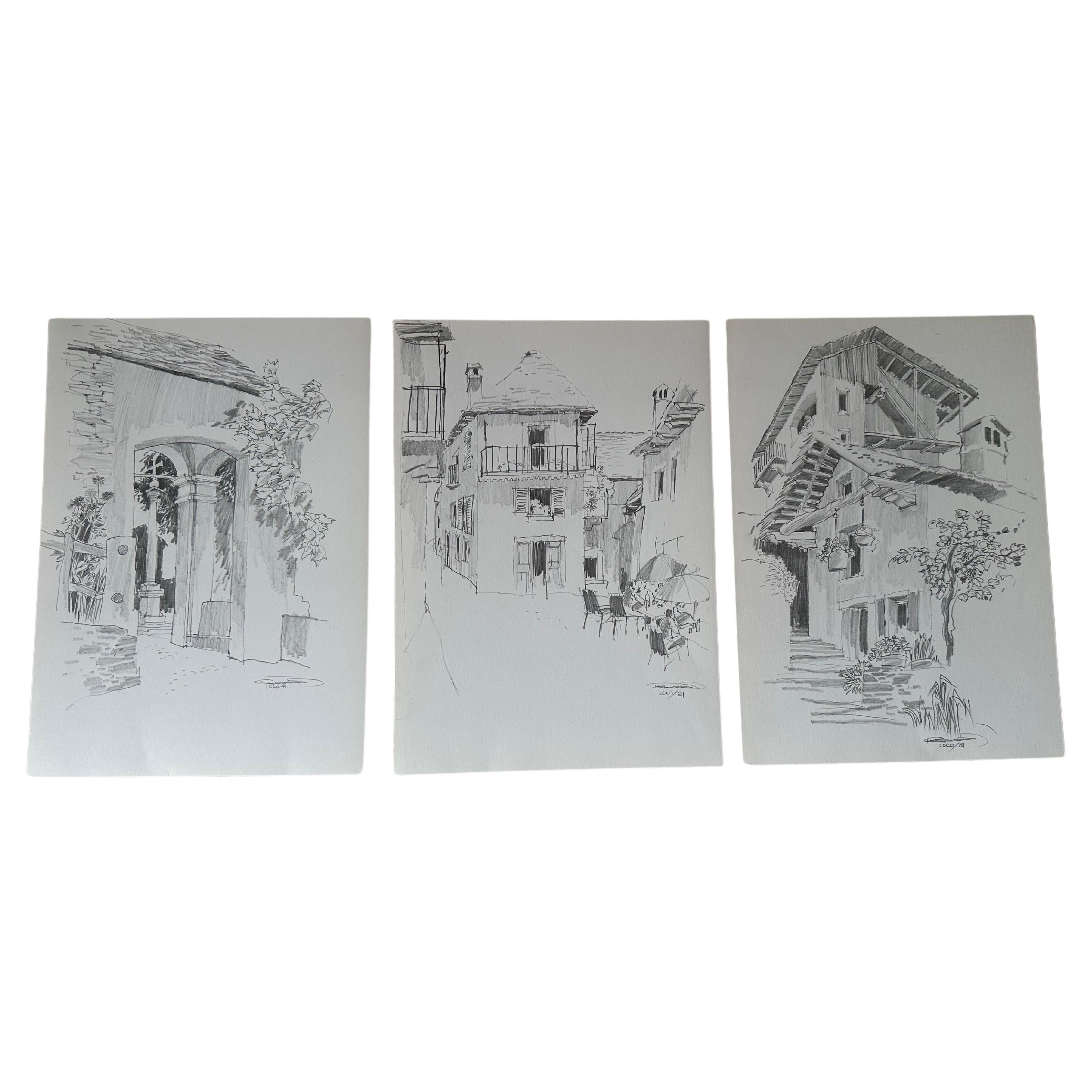 Original-Bleistiftskizzen von Jan Kristofori, 3er-Set, Schweizer Motive, Stadt „Loco“ im Angebot