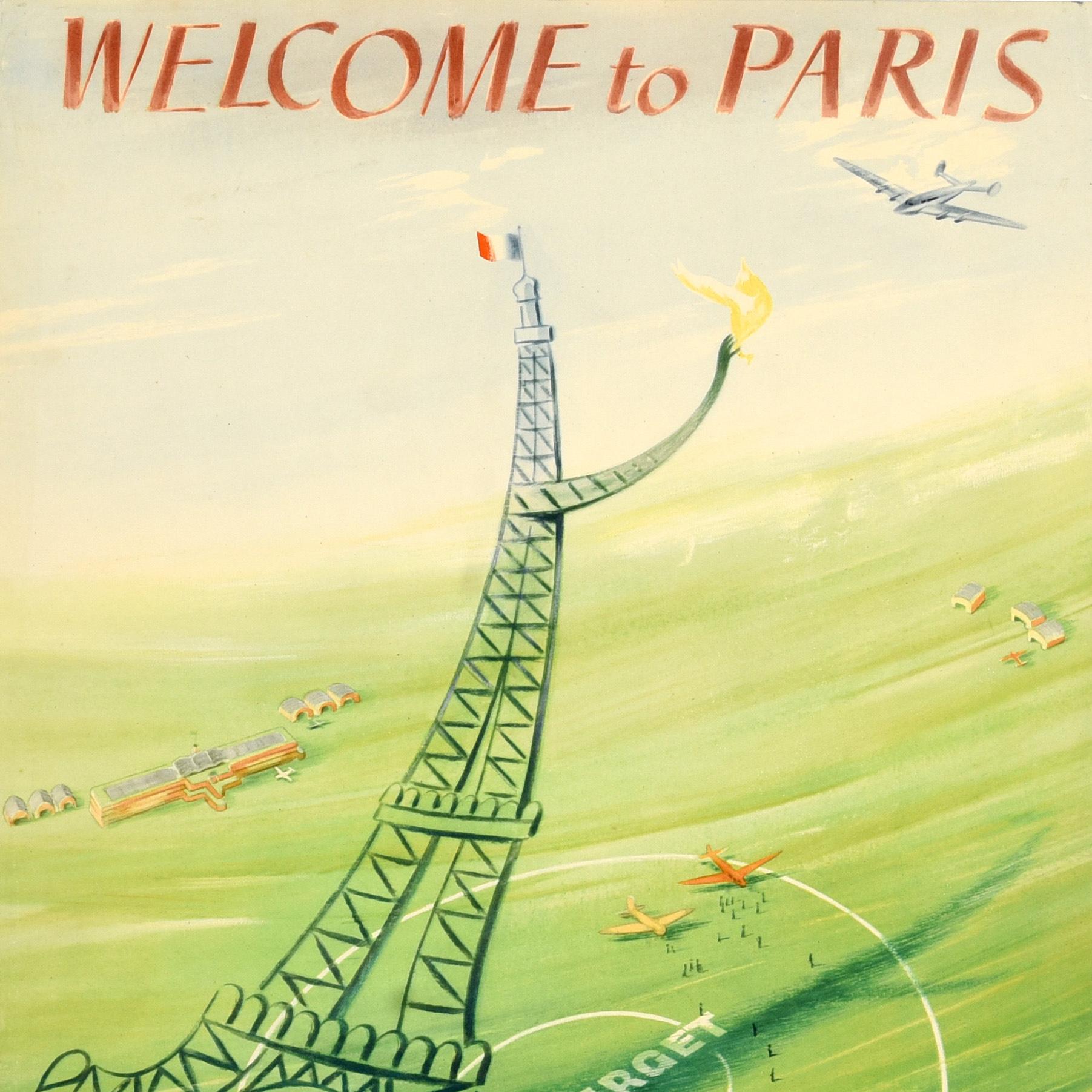 Original Vintage Travel Poster Welcome To Paris British Imperial Airways Eiffel - Green Print by Jan Lewitt