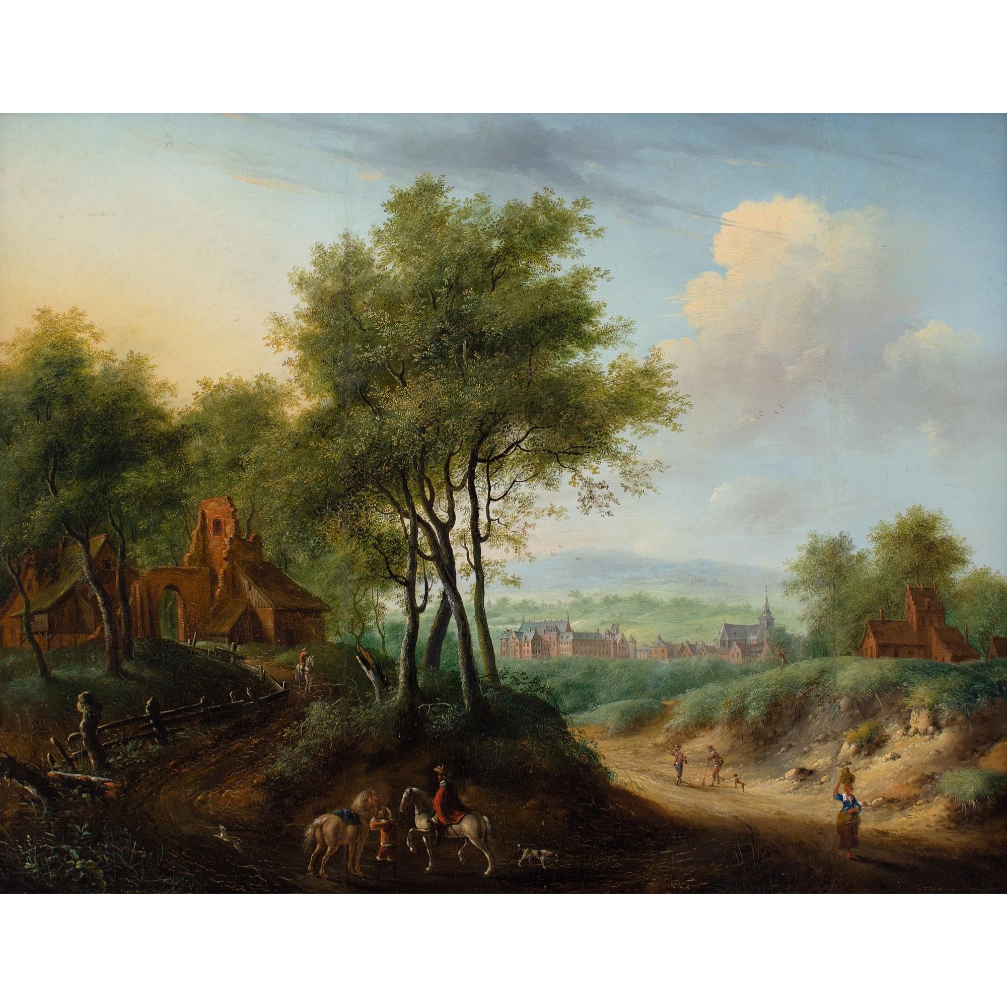 Jan Ludewick De Wouters, Bewaldete Landschaft mit Reitern, Ruine und entfernter Stadt im Angebot 1