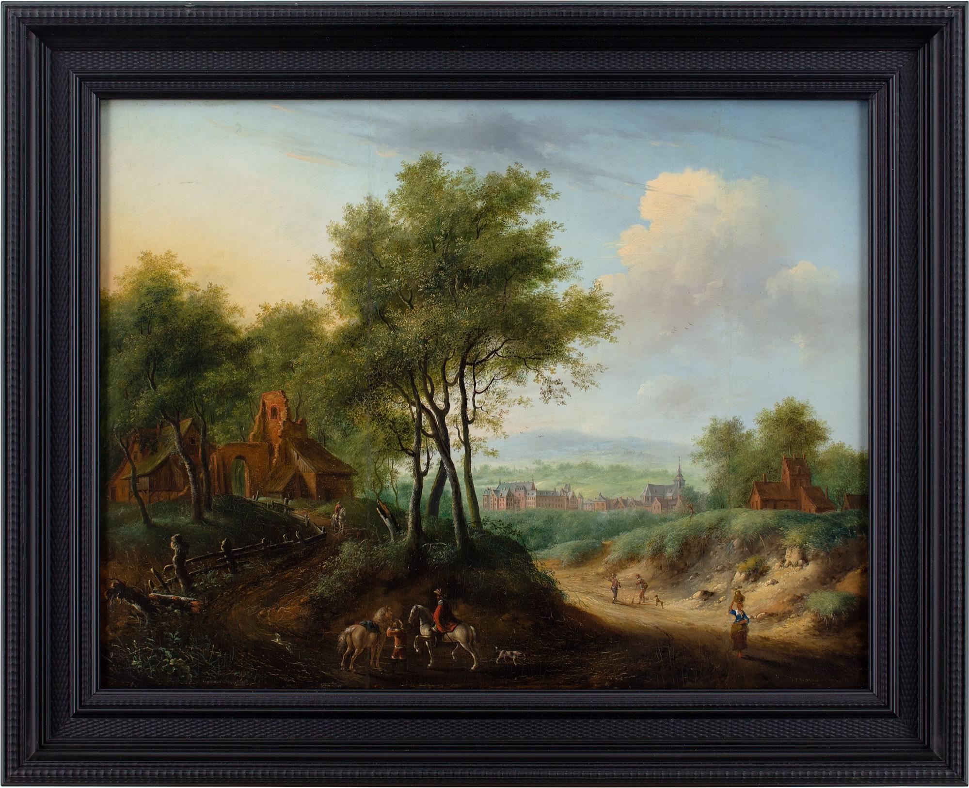 Dieses reizvolle Ölgemälde des flämischen Künstlers Jan Ludewick De Wouters (1731 - nach 1789) aus dem späten 18. Jahrhundert zeigt eine Waldansicht mit Reitern, verschiedenen Gebäuden, darunter eine Ruine, einen Feldweg und eine entfernte